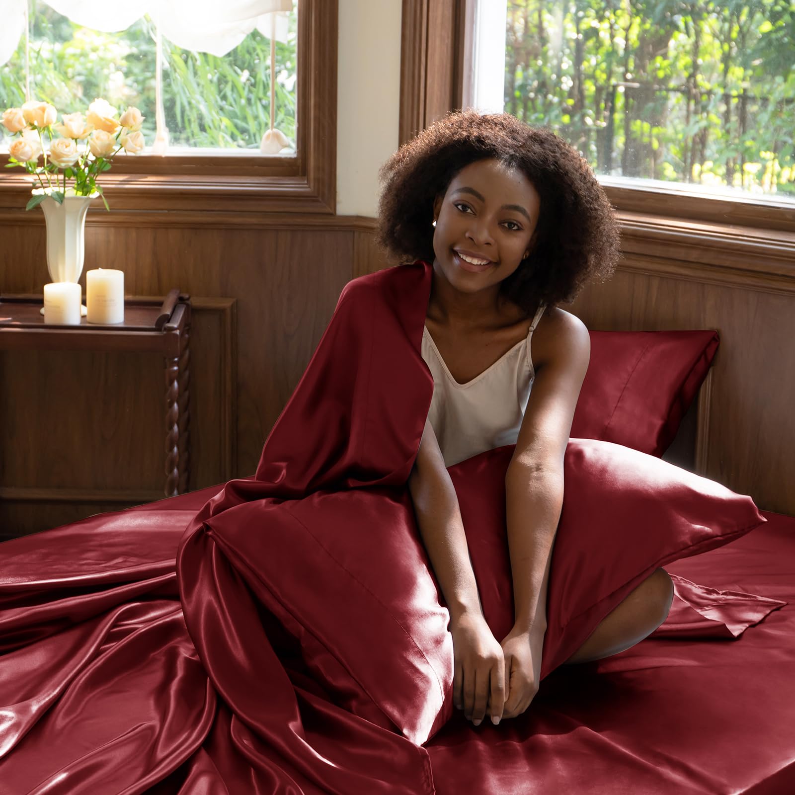 CozyLux Satin Sheets Queen Size Bed Set - 4 Piece Silky Queen Sheet Set, Luxury Sheets with Smooth and Soft Microfiber, Includes 1 Fitted Sheet, 1 Flat Sheet and 2 Pillowcases: Burgundy Queen(6Pc)