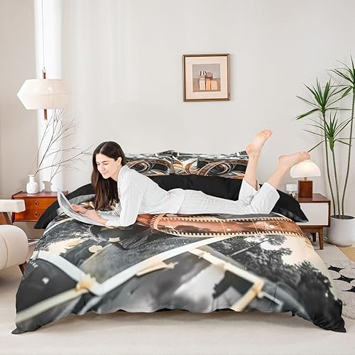 Juego de funda de edredón con temática de fotografía, tamaño matrimonial, juego de ropa de cama vintage de película fotográfica de 3 piezas para