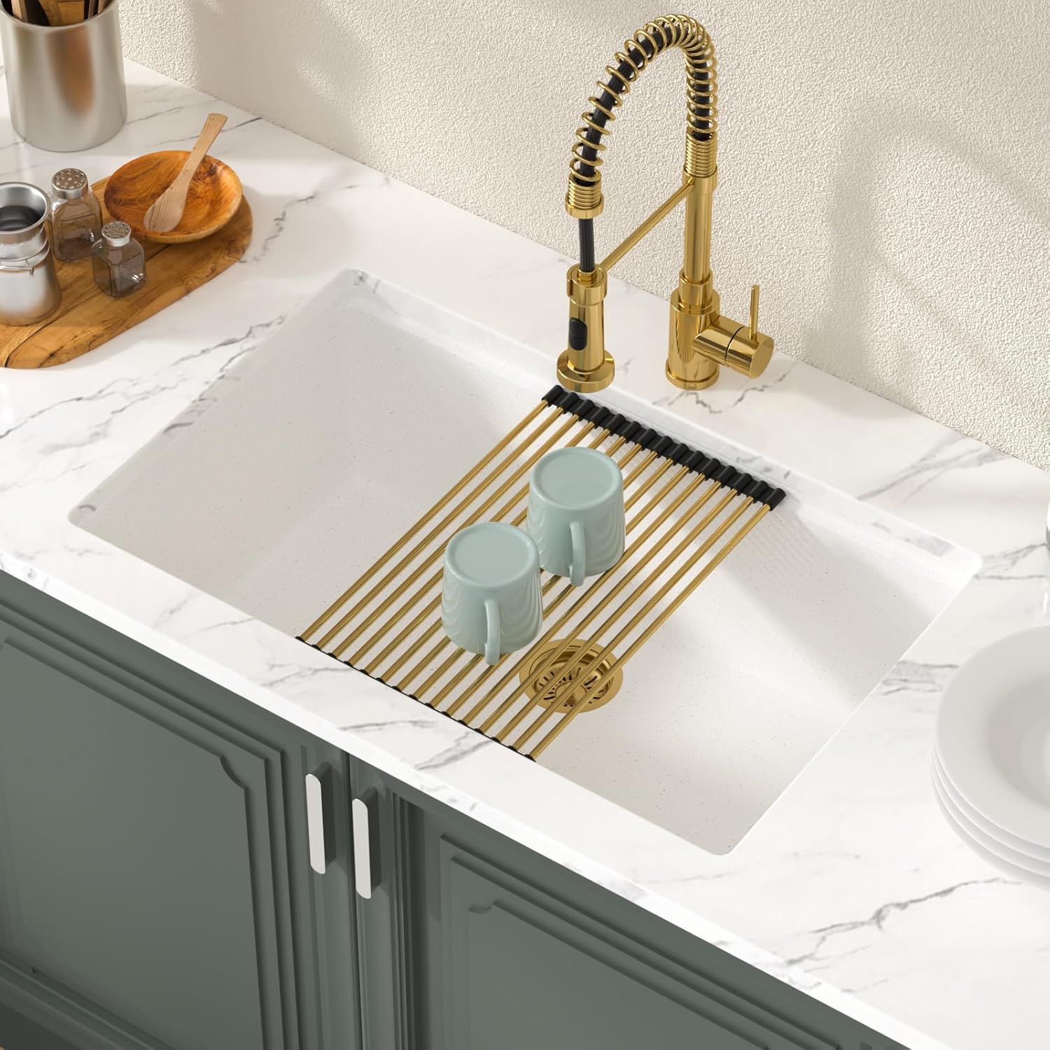 Lordear 30 Inch White Kitchen Sink Granite Composite Undermount Kitchen Sink Workstation 30x19 White Quartz Sinks Under Counter Single Bowl with Classic Gold Accessories