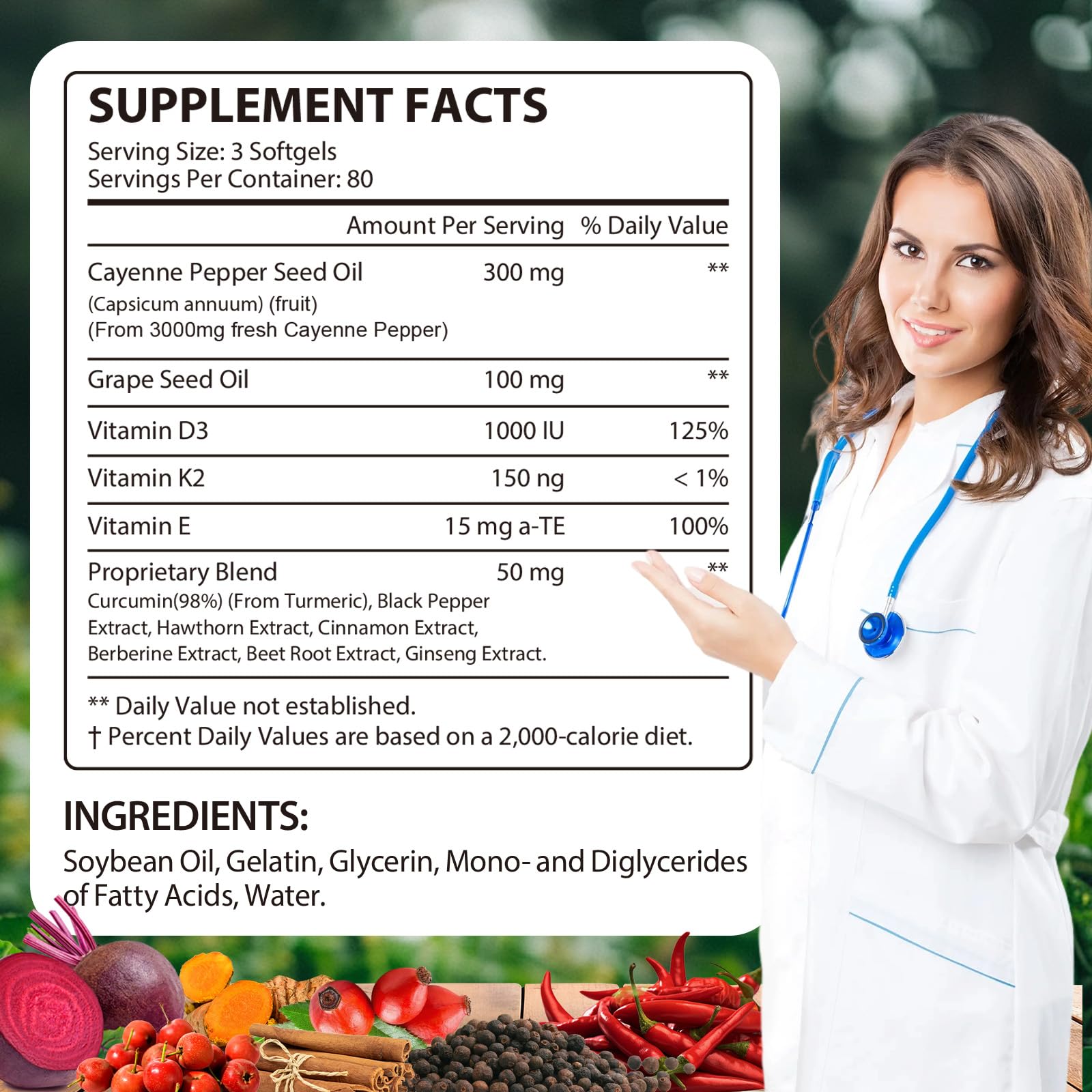 Cayenne Pepper Softgels Supplement, 12 in 1 Plant Formula Cayenne Pepper Supports Heart and Blood Vessel Health, with Vitamin E D3+K2 and Extracts of Grape Seed,, Beetroot and Others(240 Softgels) — Amazon image 2