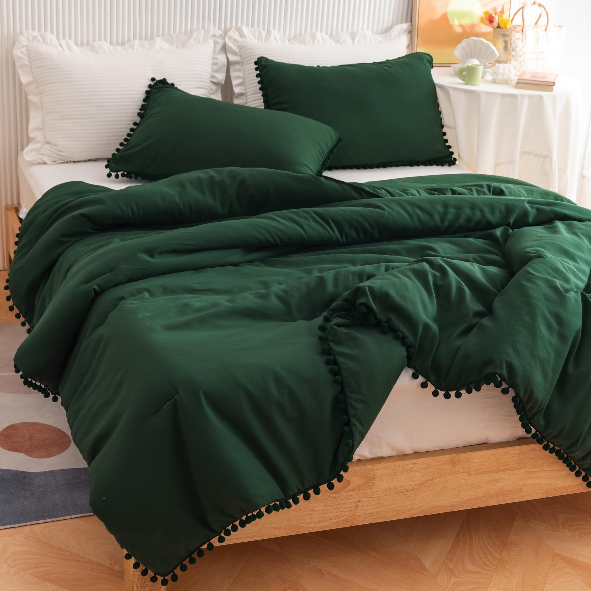 YIRDDEO Emerald Green Comforter California King Set 3pcs Boho Ball Pom Pom Bedding, Comforter Cal King Sized Bed Set Deep Green Bed Set for Women Men (1 Comforter 2 Pillowcases)
