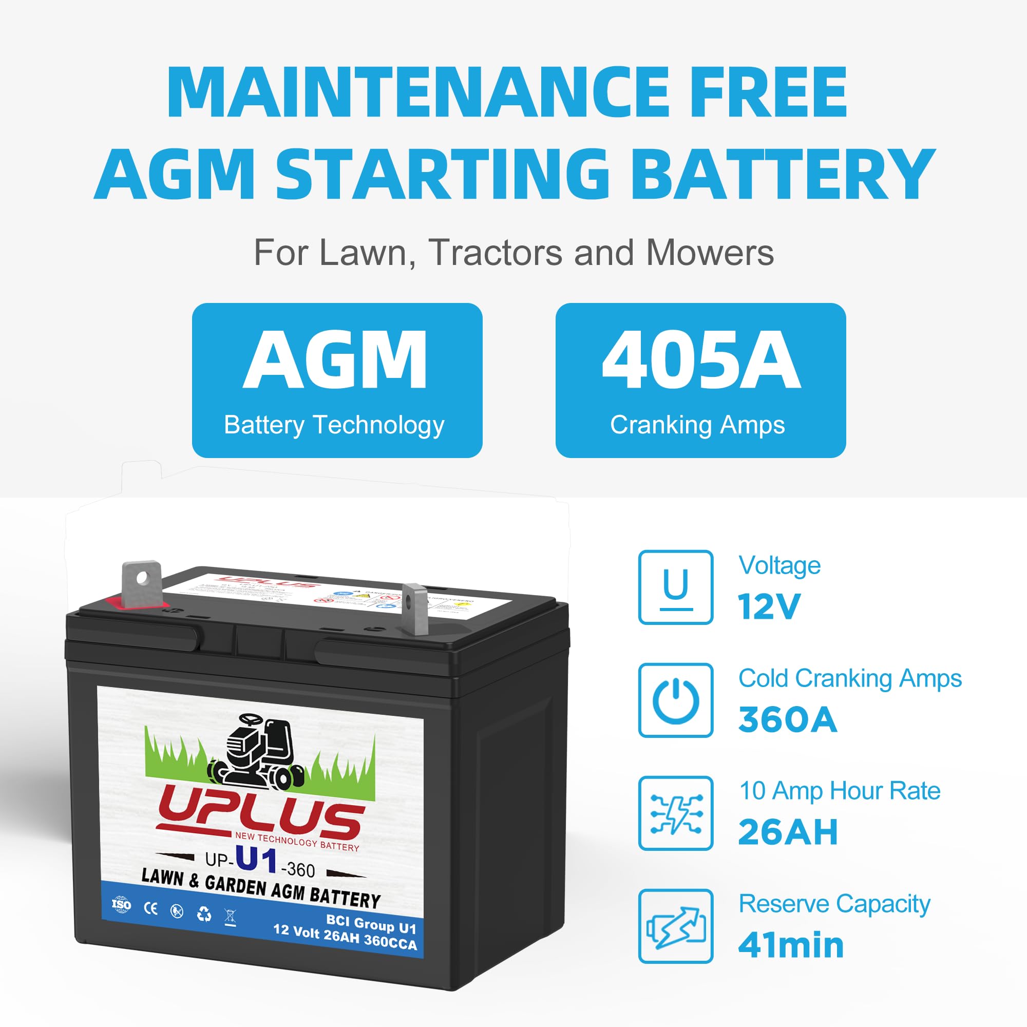 UPLUS U1 Batterie pour tondeuse à gazon autoportée EBU1-4-P 12 V 25 Ah Batterie AGM sans entretien pour John Deere, Cub Cadet, Husqvarna, Craftsman, Toro, Ariens et Troy-Bilt