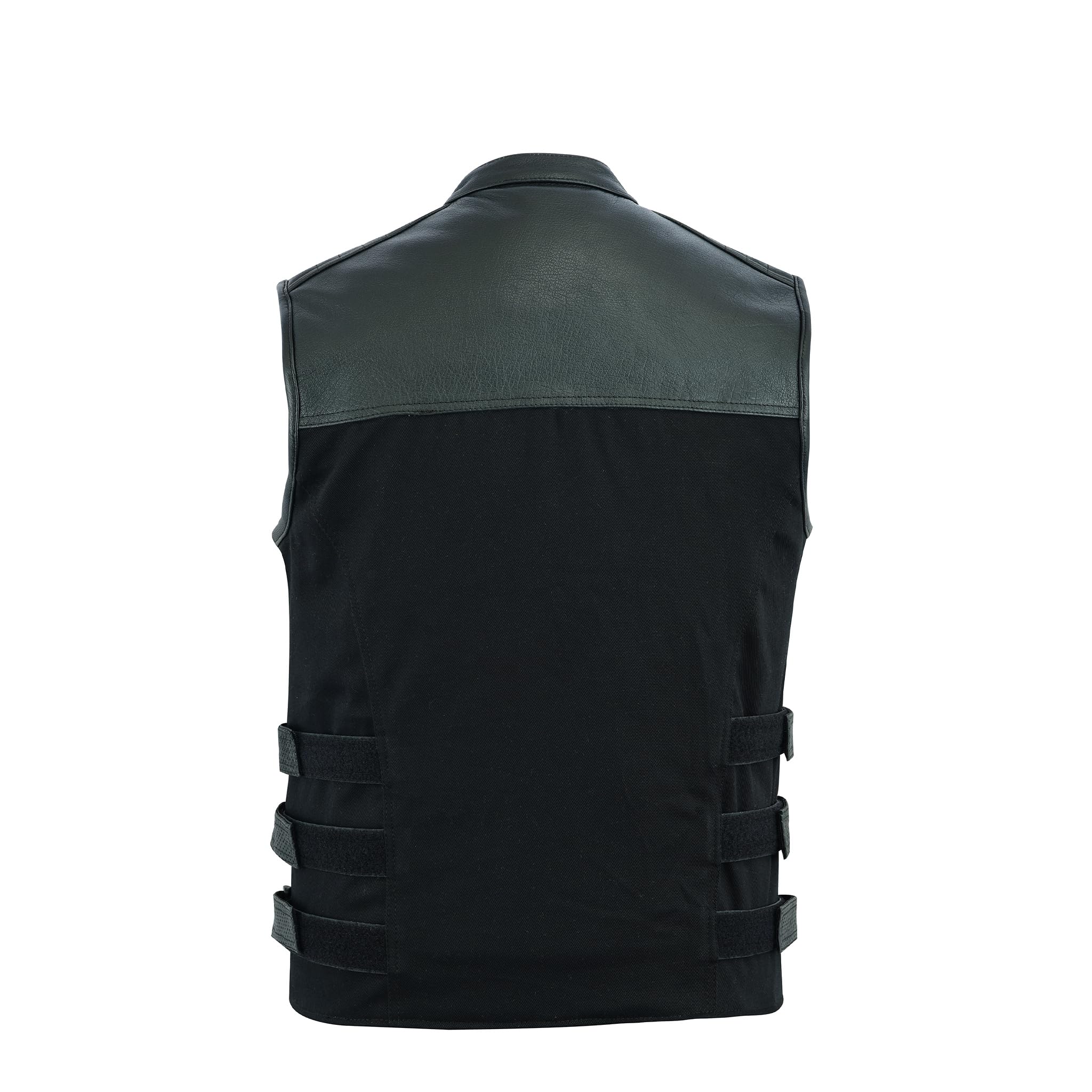 Leatherick Gilet da motociclista Warrior in pelle di bufalo in denim e pelle di bufalo, stile tattico da uomo con tasche per pistola e pannelli perforati