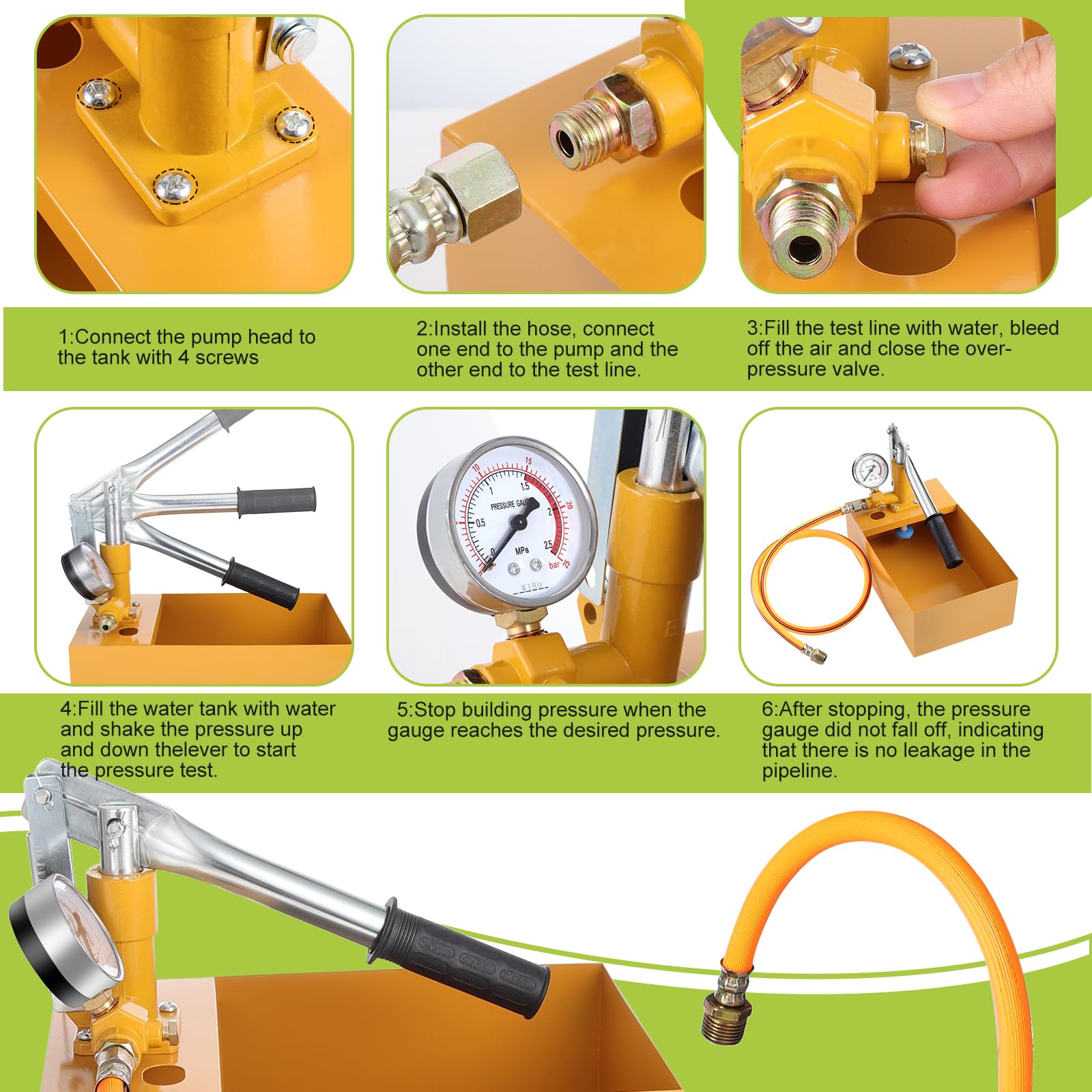 Gueenky Pompe d'épreuve Manuelle 6 L, 25Bar Pompe d'Essai de Pression avec Tuyau Haute Pression 1/2" Pompe de Test en Fonte d'Aluminium pour Contrôle d'Etanchéité de l'Eau des Tuyaux de Chauffage