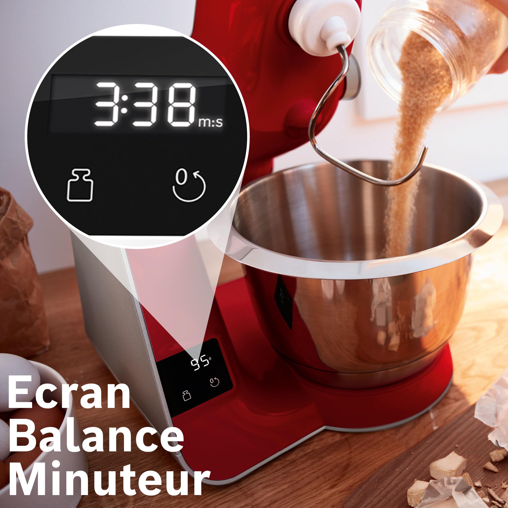 Bosch Küchenmaschine Serie 4, integrierte Waage, Edelstahl-Schüssel 3,9 L, Mixer 1,25 L, Kunststoff-Schüssel, spülmaschinenfest, 3x Rührelemente, Durchlaufschnitzler, 1000 W, Dunkelrot, MUM5X734
