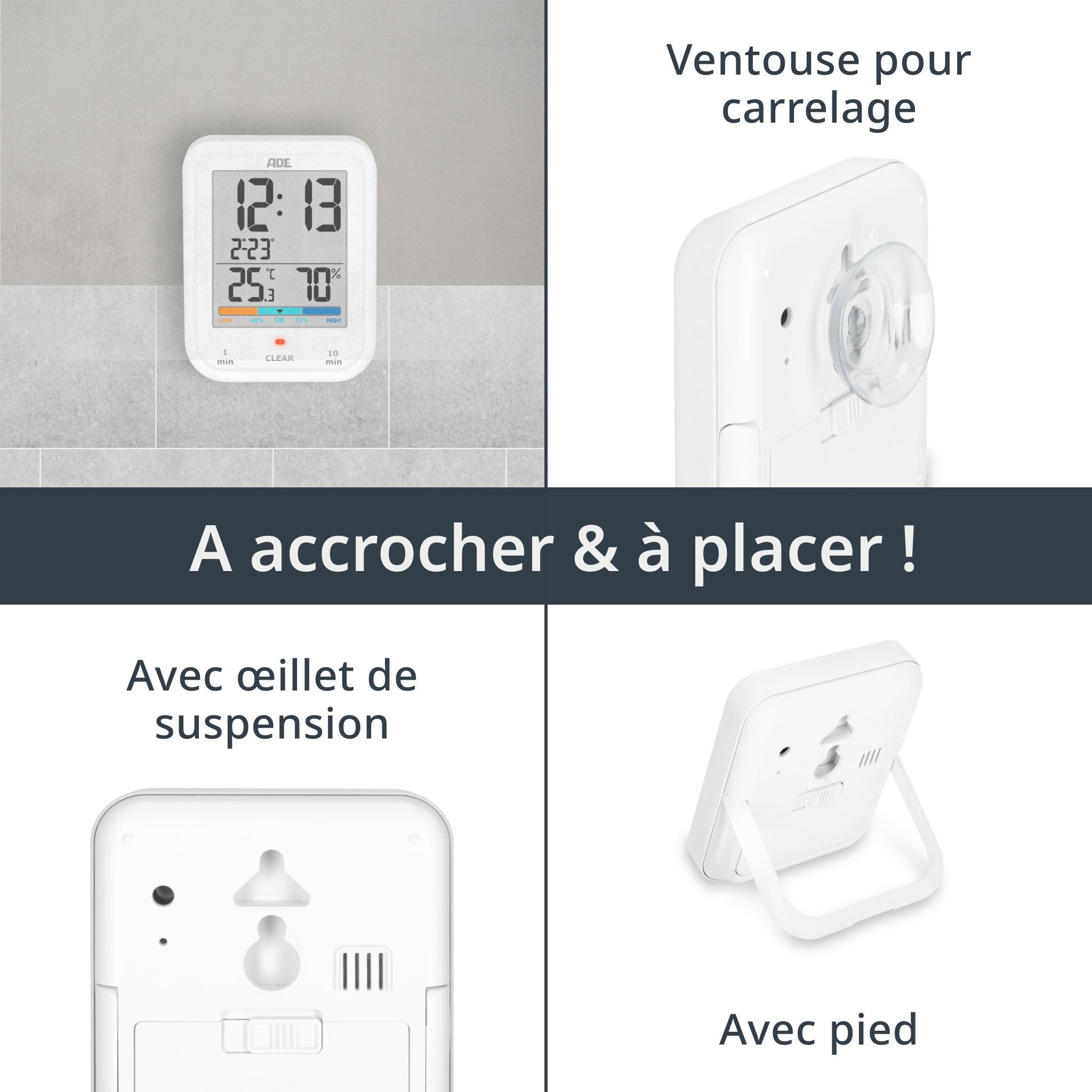 ADE Horloge de Salle de Bain numérique avec hygromètre et thermomètre | minuteur Douche | étanche | thermomètre de Bain | Fonction Compte à rebours | Grand écran LCD | Affichage de la Date
