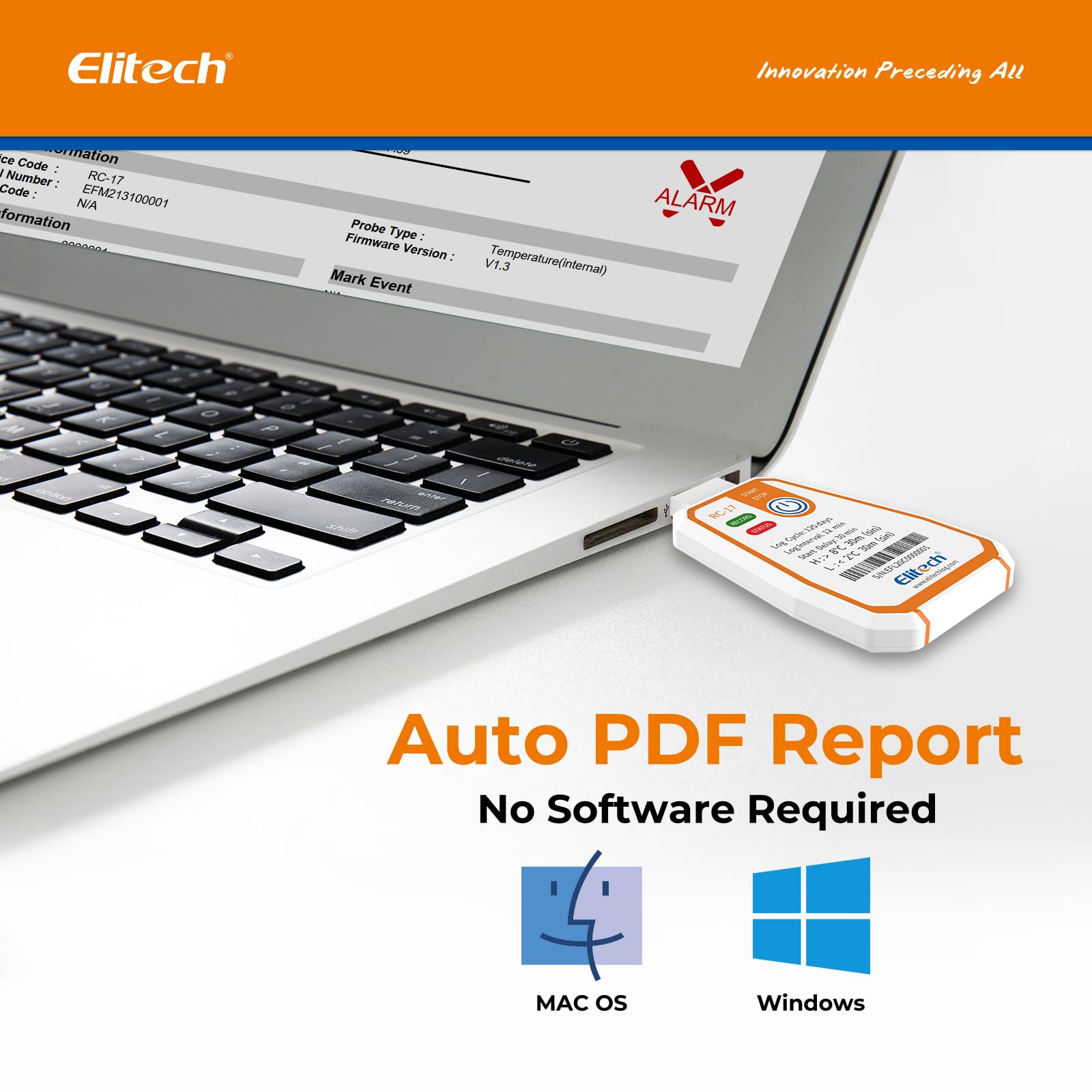 Elitech Enregistreur de Température USB à Usage Unique RC-17 5Pcs, Paramètres Réglables, Enregistrement 120 Jours pour Chaîne du Froid Aliments Médicaments, Étanche IP67, Export Auto PDF