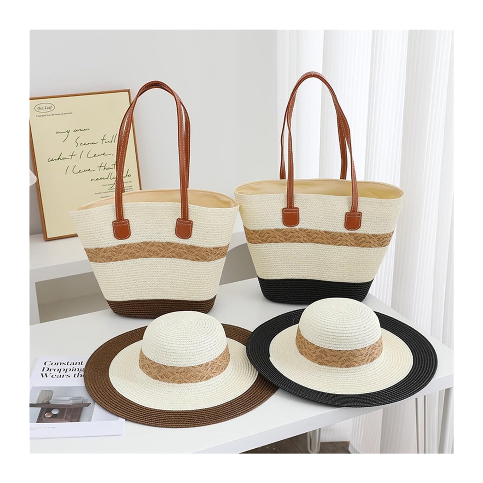 Conjunto de sombrero de paja para primavera y verano, para mujer, con ala grande, sombrero, playa, vacaciones (color 13, traje)
