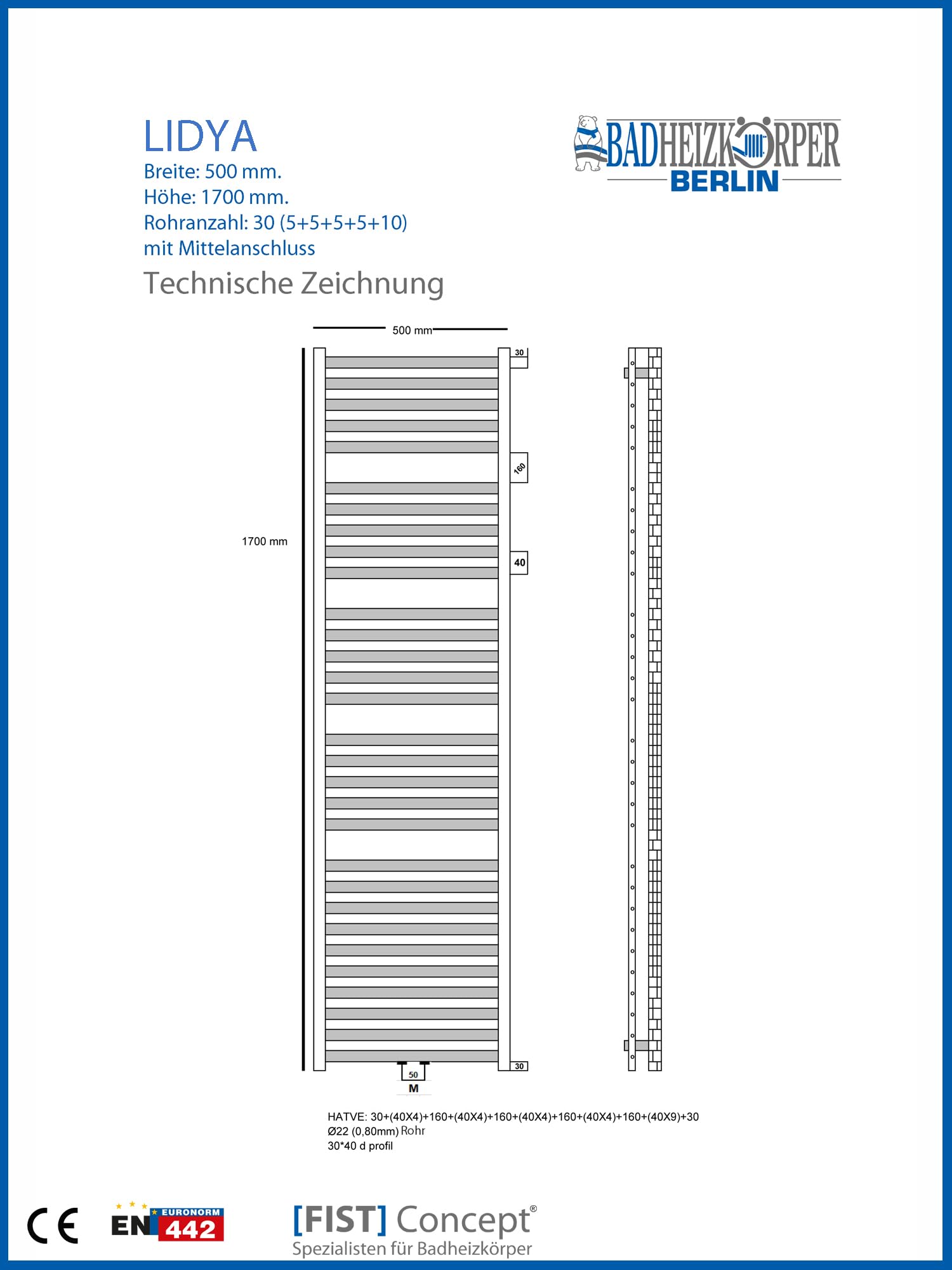 Grzejnik łazienkowy LIDYA wysoki połysk chrom 500 x 1700 mm. Prosty z przyłączem środkowym suszarka do ręczników ogrzewacz do ręczników