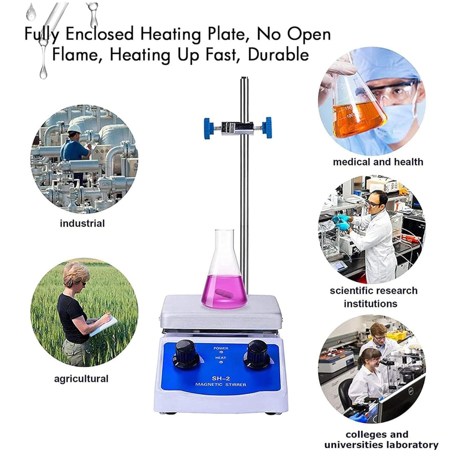 Agitador Magnético de Laboratorio, Placa Calefactora Magnética con Calefacción, Capacidad de Agitación de 1000 Ml, 1600 RPM, Agitador Magnético con Placa Calefactora para Laboratorio