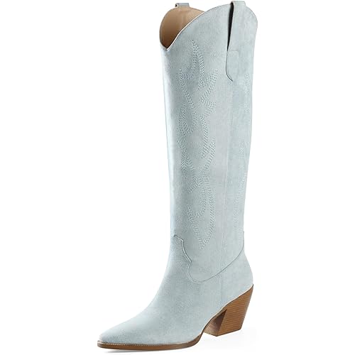 iiimmu Cowgirl Boots Women Knee High Boots Pointed Toe and Block Heel Cowboy Suede and Faux Leather Boots with Embroidered