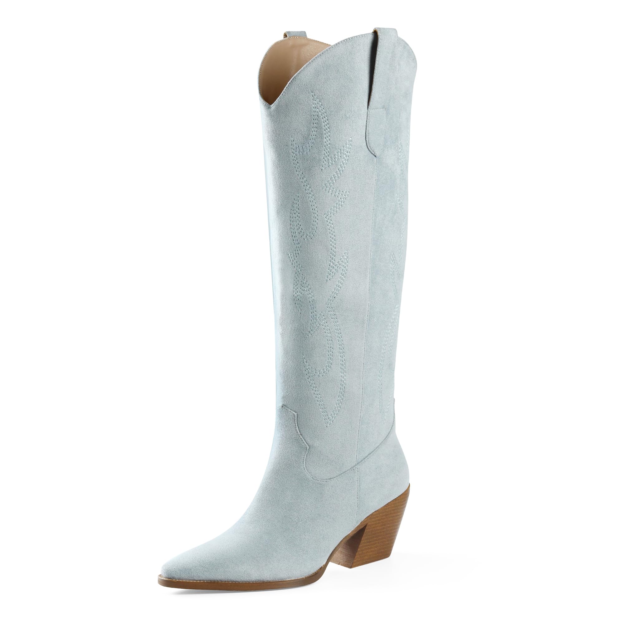 iiimmu Cowgirl Boots Women Knee High Boots Pointed Toe and Block Heel Cowboy Suede and Faux Leather Boots with Embroidered