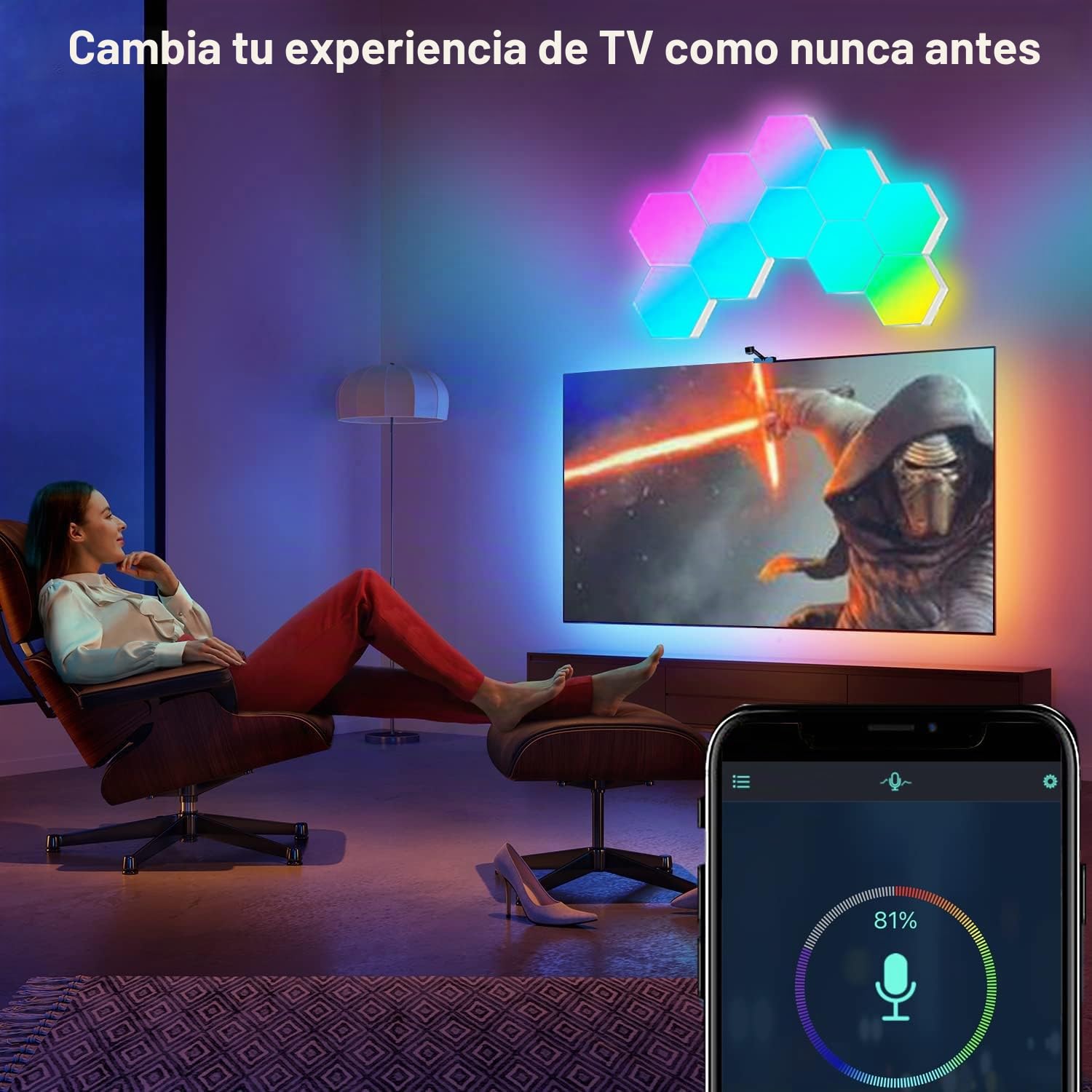 Luces LED Hexagonales, Panel LED RGB Lampara LED Pared App y Control Remoto, Paneles LED Luces Gaming Sincronizar con Música, Luces LED Habitación Geometría para Decoracion Gaming Salón,7 Paneles