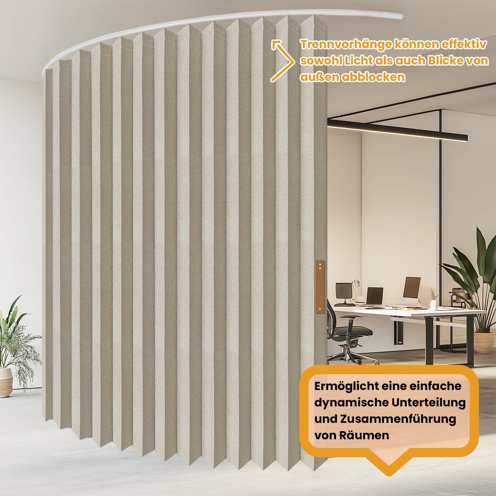 JILRON Cortina para separación de habitaciones con montaje en techo, 100 % protección contra la luz, aspecto de acordeón, para dormitorio, salón, esquina (blanco crema-alto 243 x ancho 457 cm), 1