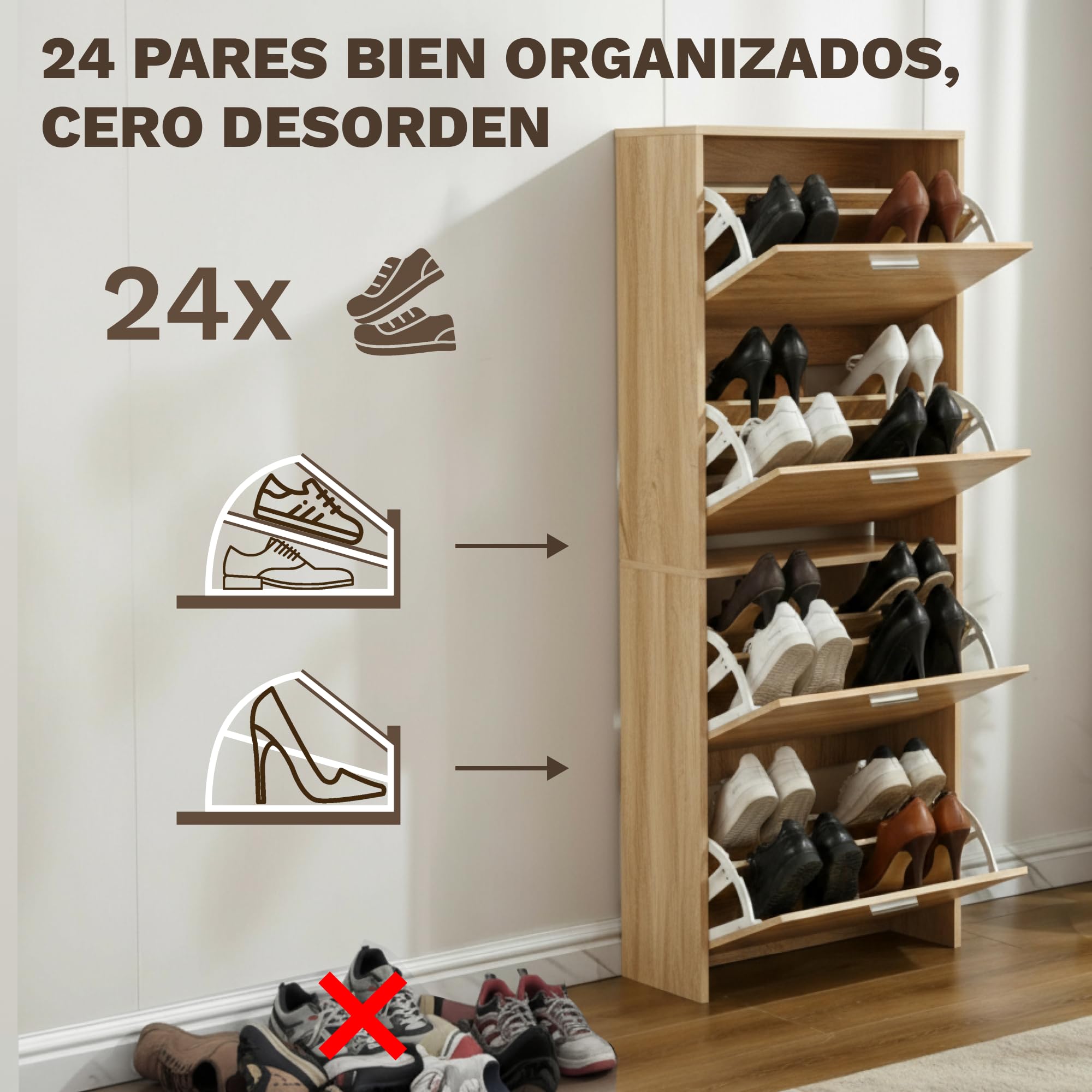 CATAVANA Zapatero Madera 24 Pares, Mueble Zapatero Entrada Recibidor con 4 Tapas, Shoe rack for bedroom, Organizador Zapatos Vertical para Pasillo, Shoe Rack Armario Calzado,60x24x150 cm, Madera Clara