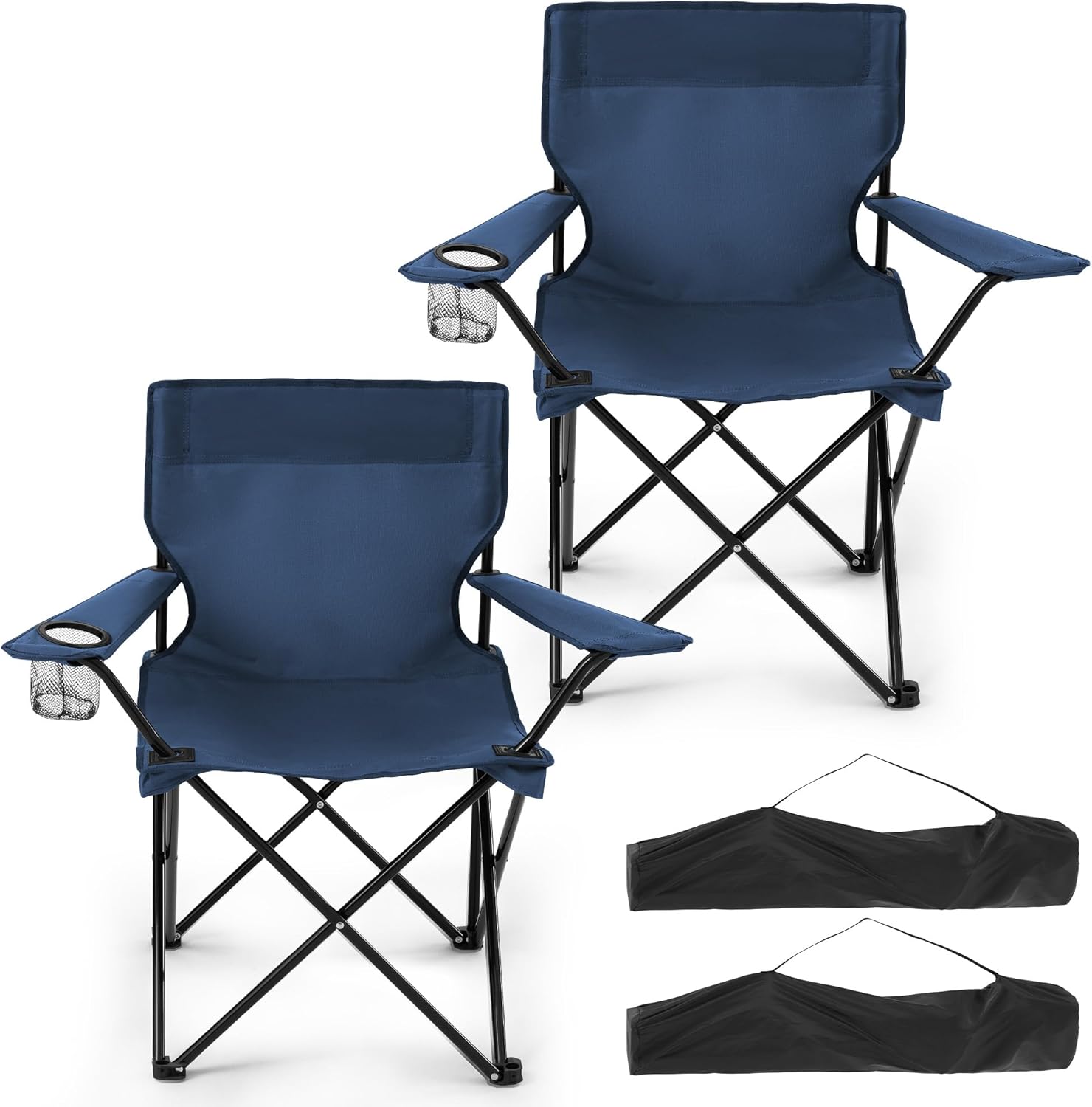 Geisoun 2-Pack Foldable Camping Chairs with Cup Holder, 300LB Lightweight Portable Outdoor Chairs for Adults, Beach Lawn Camp (Navy)