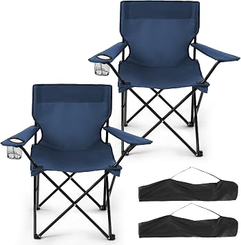 2 Pack Folding Camping Chairs for Adults, Foldable Portable Beach Chairs with Carry Bag & Cup Holder, Compact Design for Camping, Beach, Picnics, and Fishing Supports 300LBSDark Navy