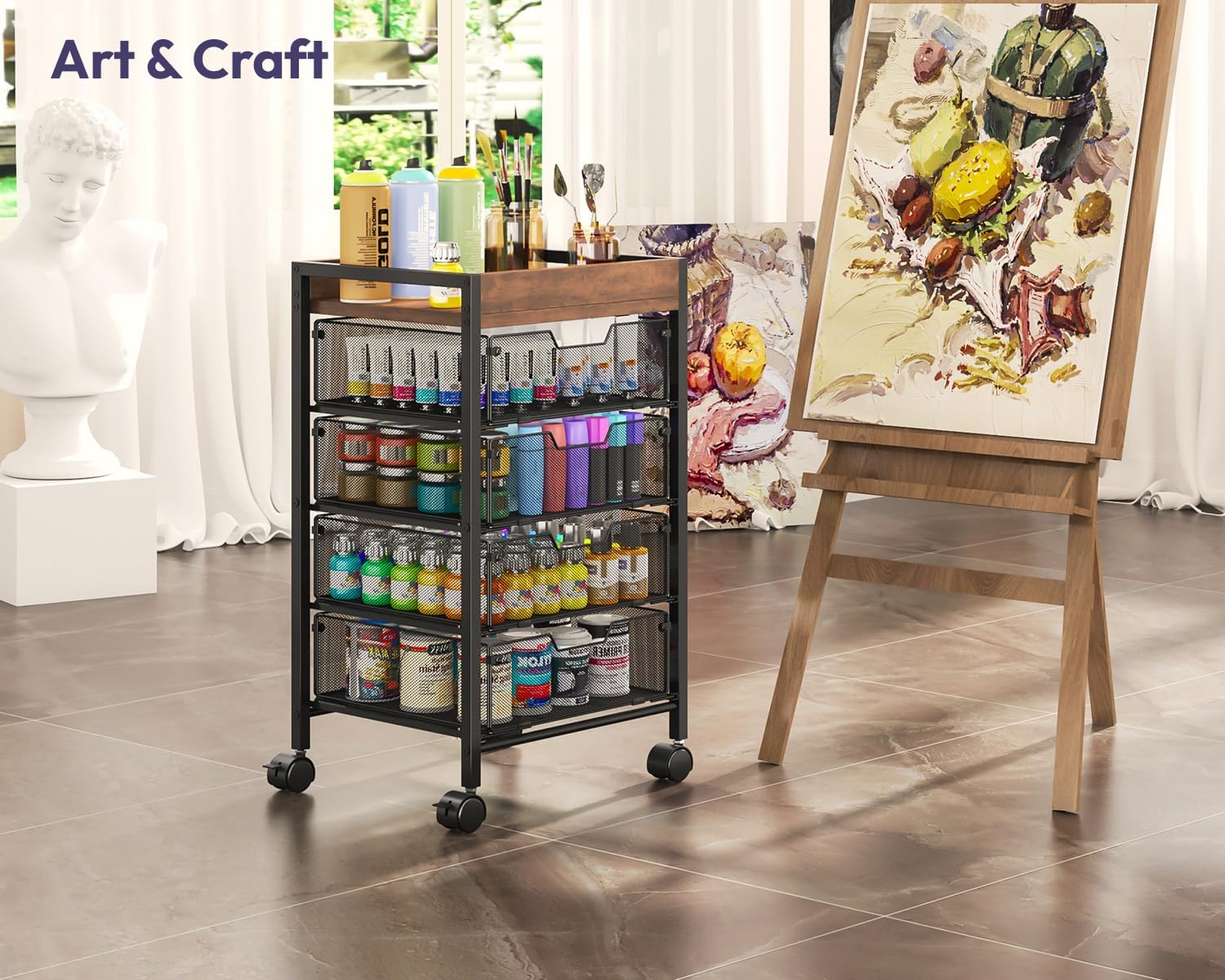 SWTYMIKI Rolling Cart with Drawers - Under Desk Storage Cart with Wheels, 4 Metal Drawers, Wood Top, Utility File Cart for Office Organization, Art, Craft, Classroom, Kitchen, Bedroom Espresso