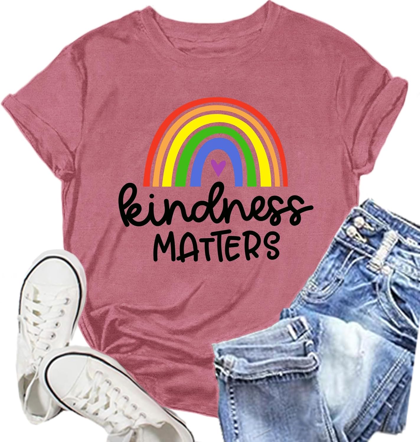 Be Kind Shirt for Women Kindness Matters T-Shirt Rainbow Heart Tee Tops