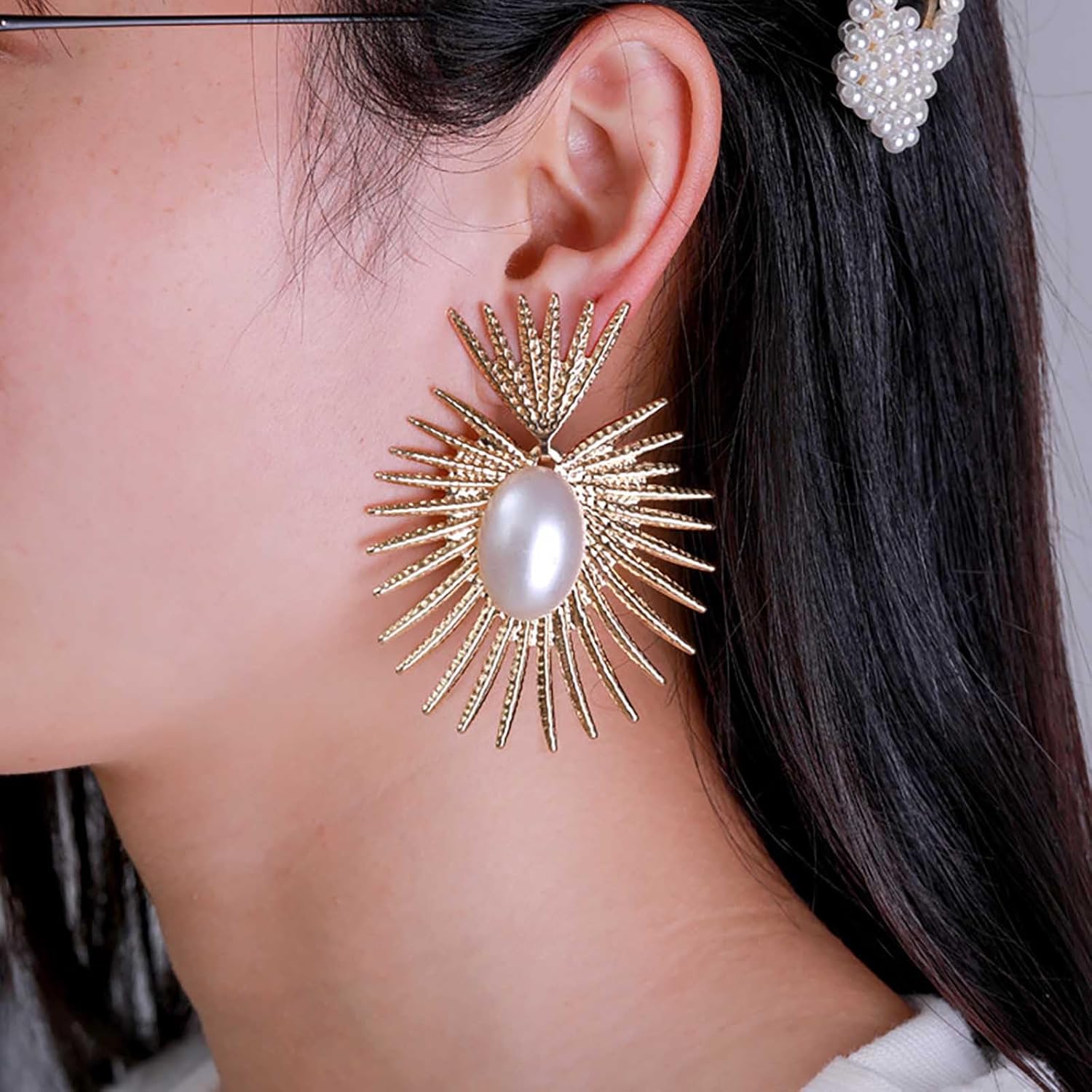 Boho Exaggerated Sunburst Drop Earrings Pearl Sunburst Earrings Punk Gold Sun Dangle Earrings Large Oval Pearl Earrings Jewelry for Women - Image 2