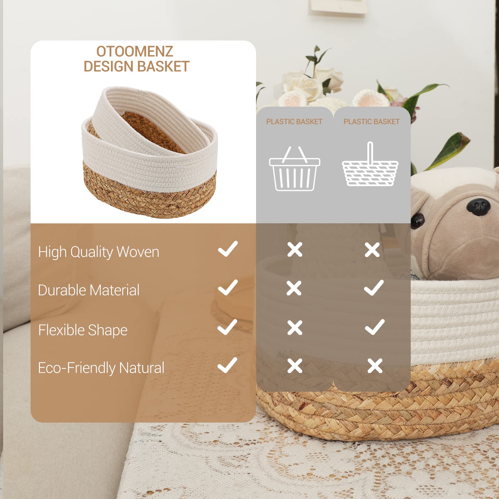 Lannvan Panier Rangement,Lot de 4 Paniers de Rangement Tressés en Jacinthe d'Eau et en Coton pour Salle de Bain,Cuisine,Organisateur Table a Langer Bebe,Corbeille Rangement pour Bébé,Enfant,Crème