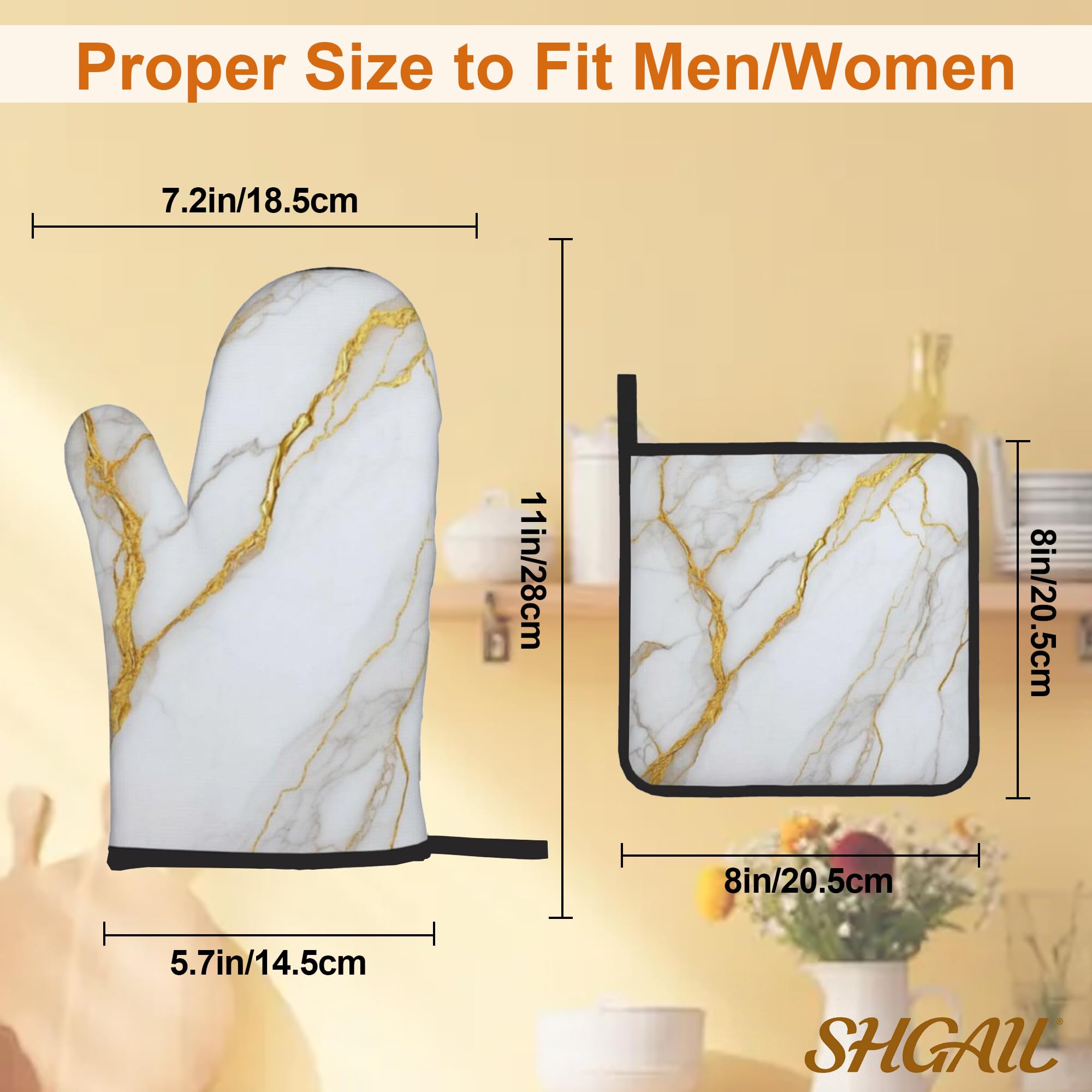 Ofenhandschuhe und Topflappen, Weißgold, Marmor, Küchenhandschuhe, Topflappen, 4er-Set, hitzebeständiger Griff für Koch, Kochen, Backen, Grillen, Grillen