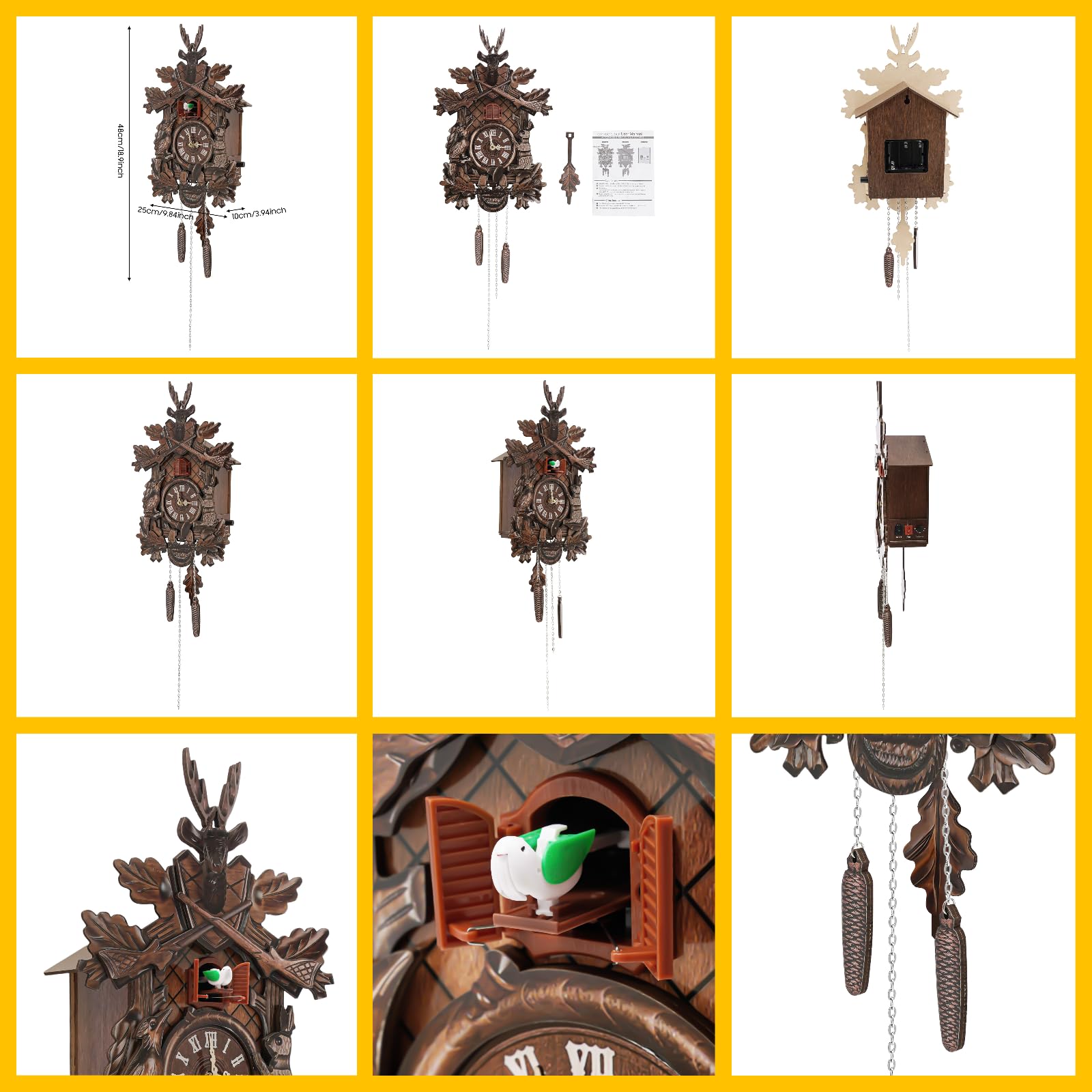 Wall Clocks, Retro C-u-c-k-o-o Clock w/ Auto Swinging Pendulum, Nordic Style House Shape Silent Wall Clock, Battery Powered Hanging Coo Coo Chime, MDF Home Creative Decor Clock, 9.84*3.94*18.9in Brown