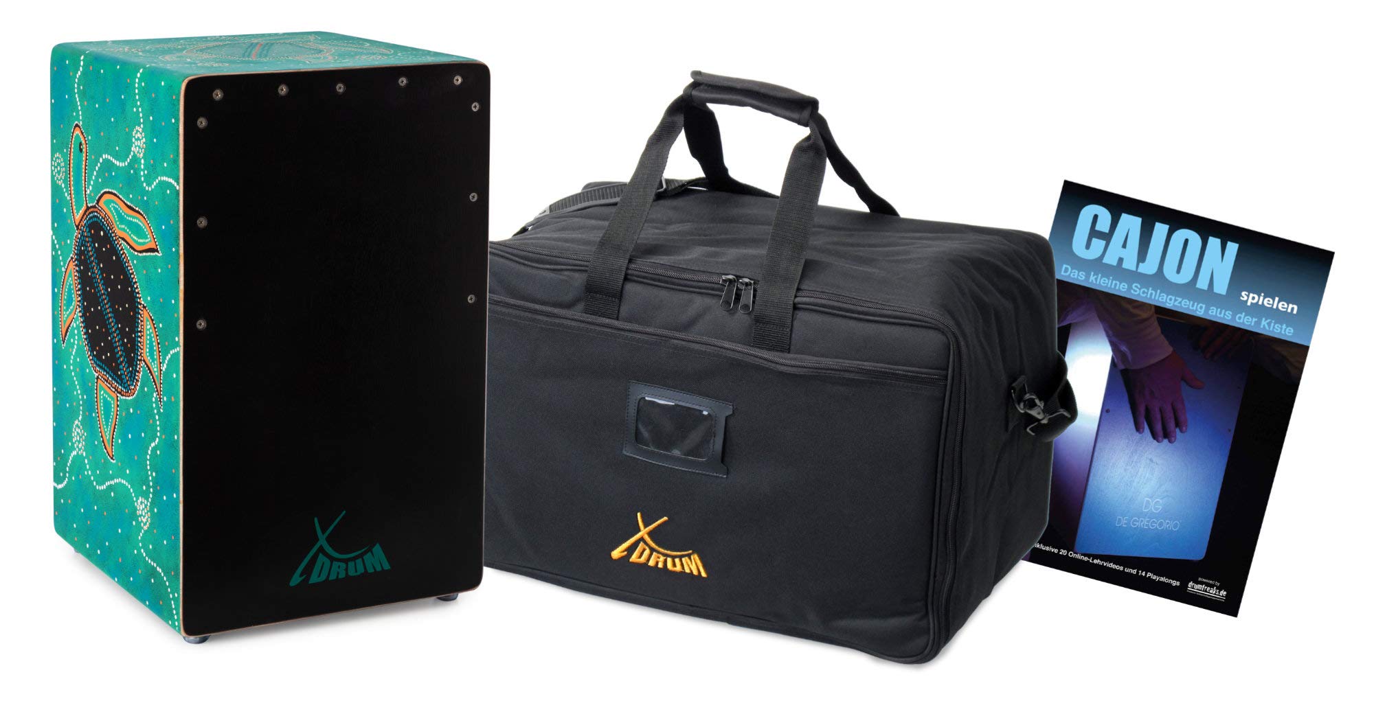 XDrum Design Series Handbemalte Designer-Cajon „Turtle“ mit Dot Art-Schildkröten, Integrierter Bass Port, HPL-Korpus, Snare-Effekt, inkl. Tasche und Cajon-Schule