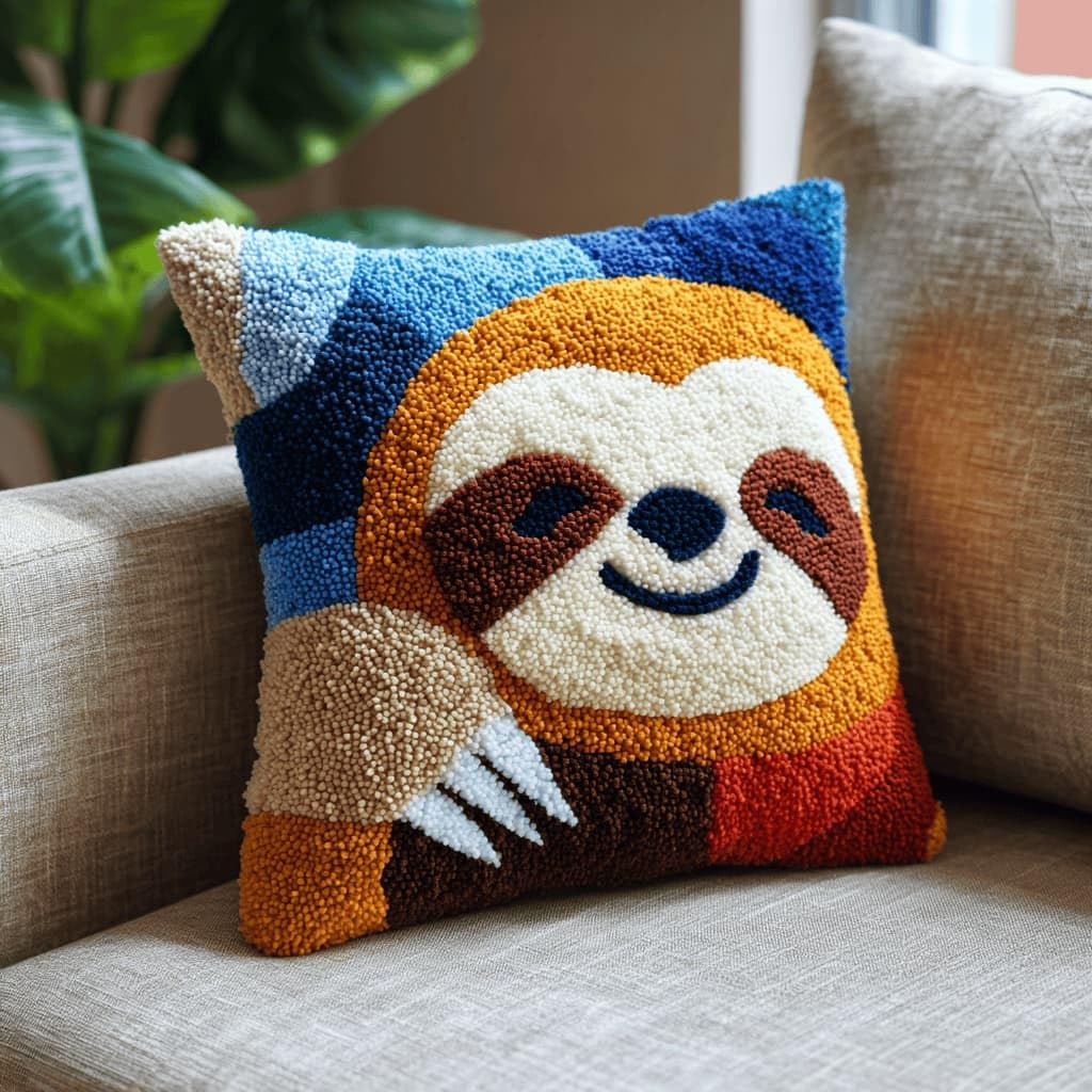 AxiangziK Latch Hook Pillow Kit for Adults,Sloth 17X17In Latch Hook Kit for Pillow Cover with Instruction for Beginner Cross Stitch Sofa Cushion Cover with Crochet Yarn for Beginners and Home Decor