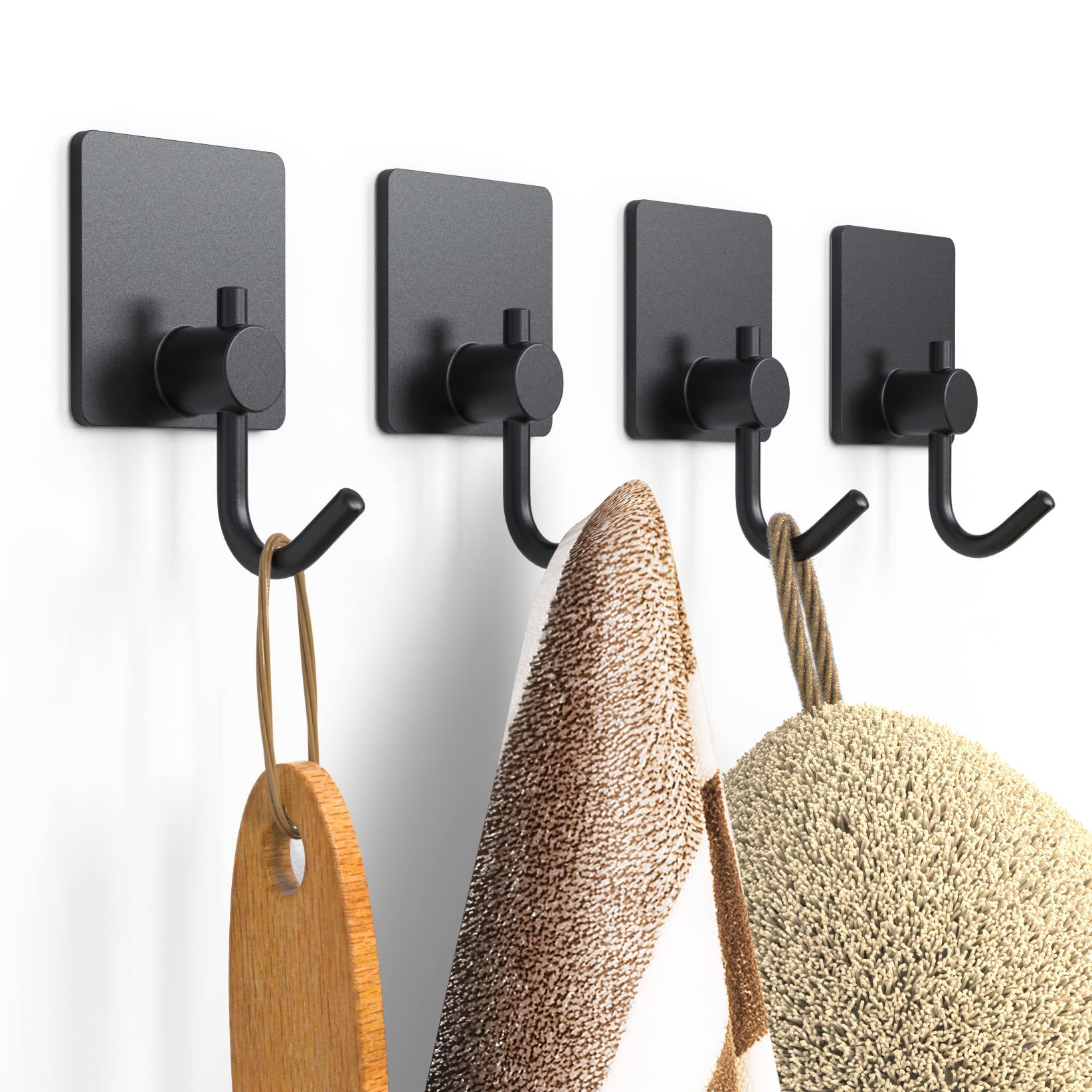 Towel Hooks, 4 Pcs Upgraded Adhesive Hooks Heavy Duty, Waterproof Wall Hooks for Hanging, Strong Towel Holder Coat Hooks Wall Mounted, Towel Racks for Bathroom, Kitchen, Bedroom, Black