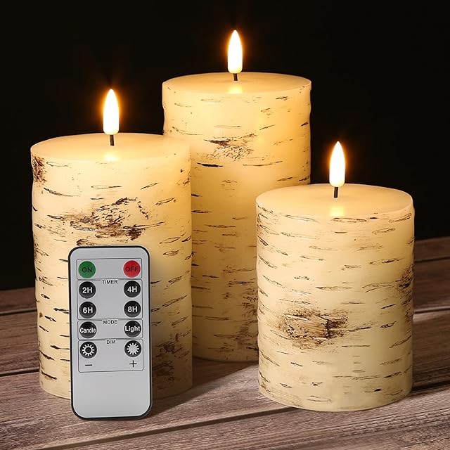 Eywamage Large Flameless Pillar Candles with Remote Timer Realistic Birch Bark Candles Battery Operated Decorative Candles D 3" H 4" 5" 6"
