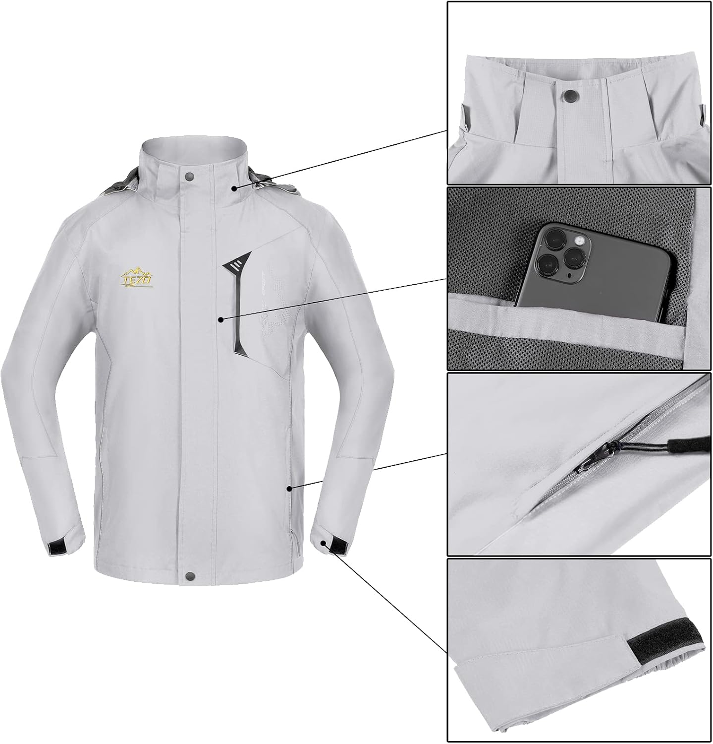 TEZO Mens Rain Jacket Waterproof with Hooded Hiking Coat Lightweight Windbreaker - Image 5
