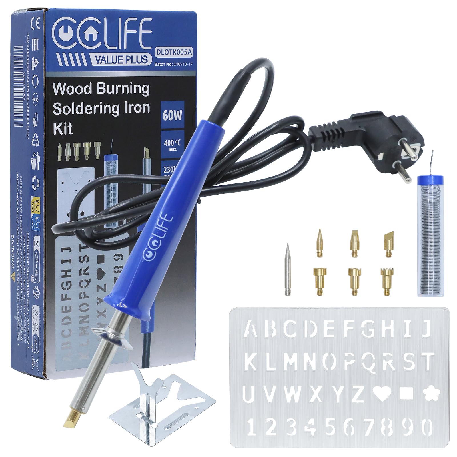 CCLIFE Saldatore a Stagno 60W, Saldatore Elettrico a Stagno Max.400°C, con Filo per Saldatura da 20g, 6 Punte di Saldatura e Supporto, per Saldatura, Fusione, Taglio a Caldo e Pirografia