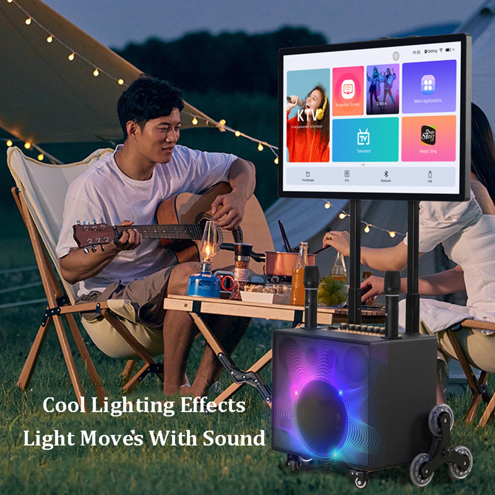 Karaoke Machine with 32" Touch Tablet, Portable Bluetooth Karaoke PA Speaker System, AI Voice Song Request, 2 Wireless Microphones, Foldable Color LED Speaker for Outdoor, Camping, Party,White