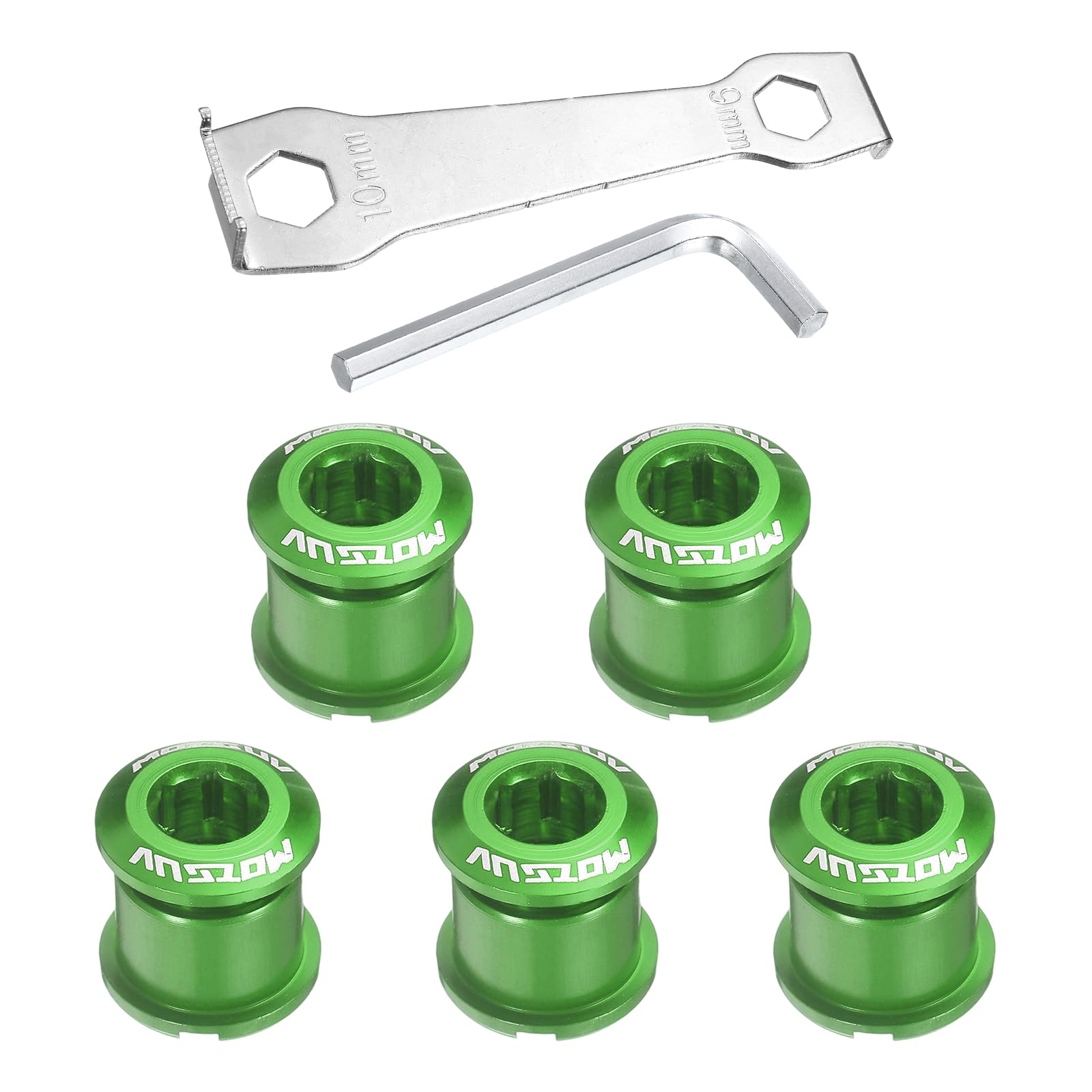 sourcing map 5pcs Double Chain Ring Bolts M8 Aluminum Alloy Bicycle Crankset Nut Chainwheel Screws with Mountain Wrenches for Road Bike Mountain Bike, Green