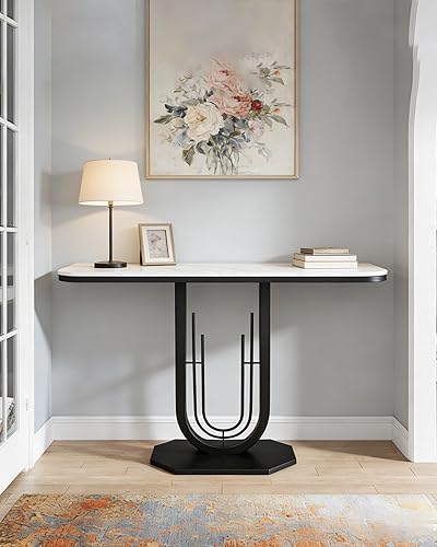 Miniatura 4 de 39.37'' Rectangle Narrow Console Table with Marble Top, Elegant Sofa Table Modern Entryway Tables, Round-Shaped Metal Frame, for Entry, Behind Sofa
