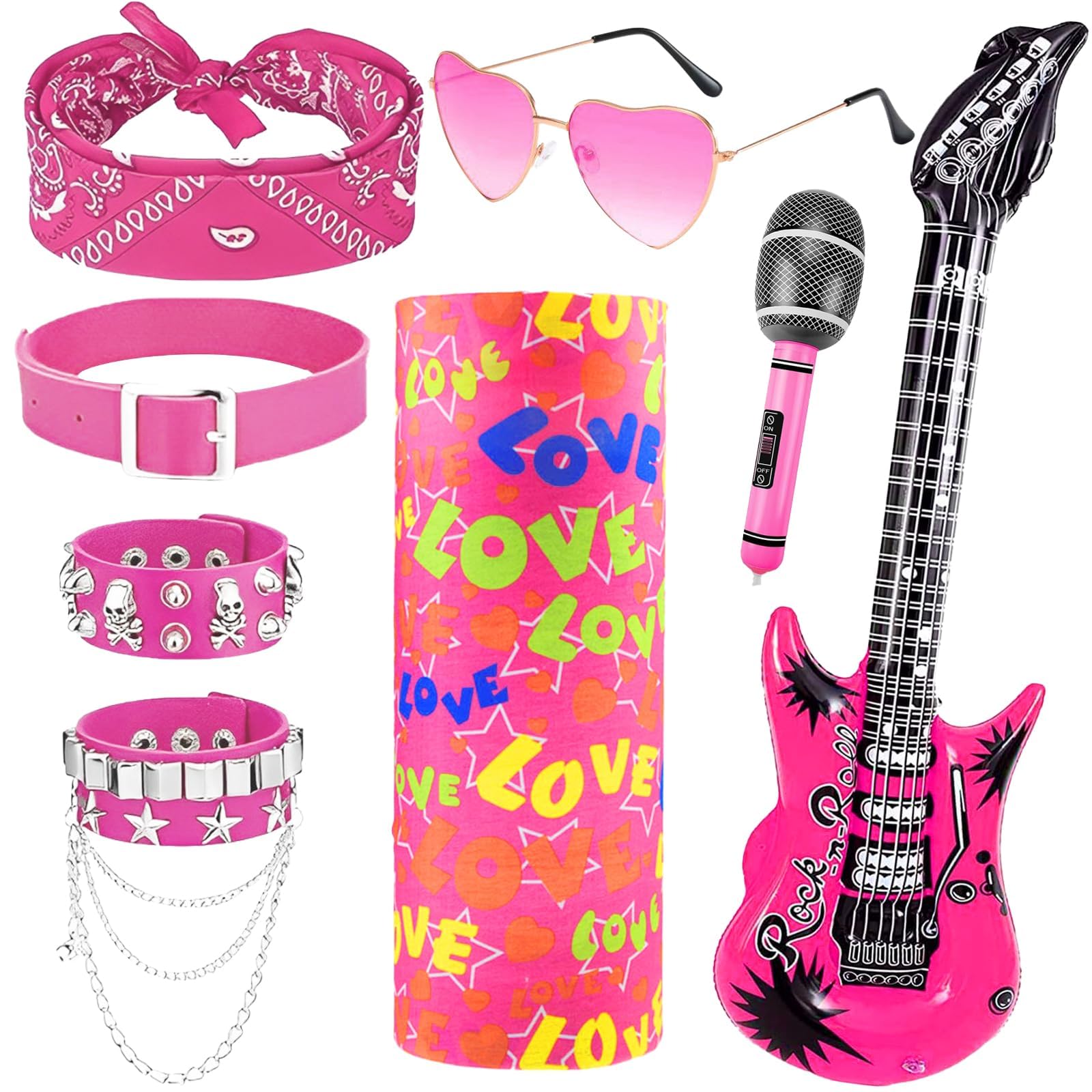 Saier tbo 8Pcs Heavy Metal Rocker Costume Set, Punk Gothic Fancy Dress Accessories with Inflatable Guitar Microphone Bracelets Collar Glasses Bandana Mask for Women Men Adult Cospay Party