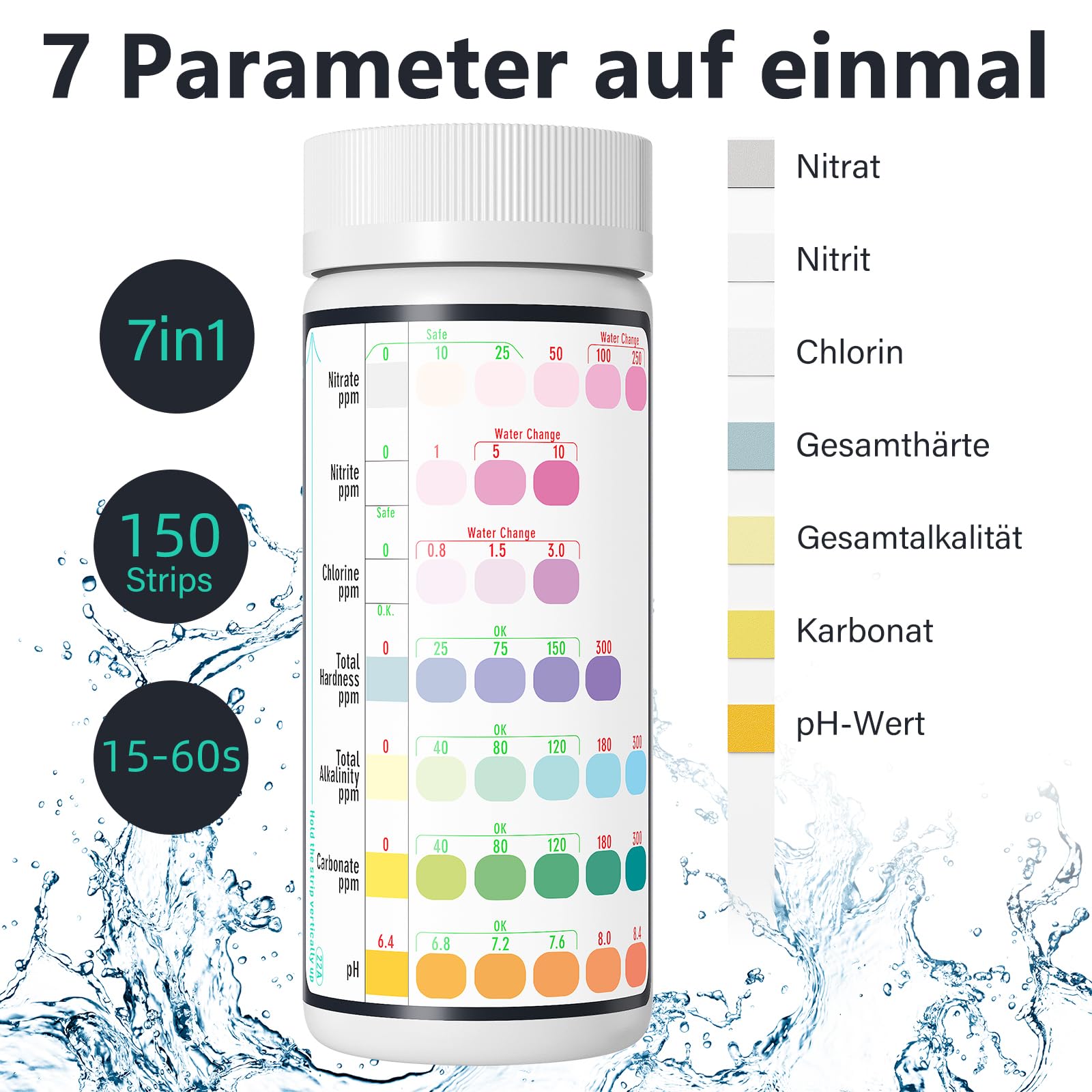 Marca: RUNBO RUNBO Tiras de prueba 7 en 1 para acuario, 150 unidades, kit de prueba de acuario para estanque de peces de agua dulce, prueba precisa de la dureza total alcalinidad total carbonato nitrato nitrito in use