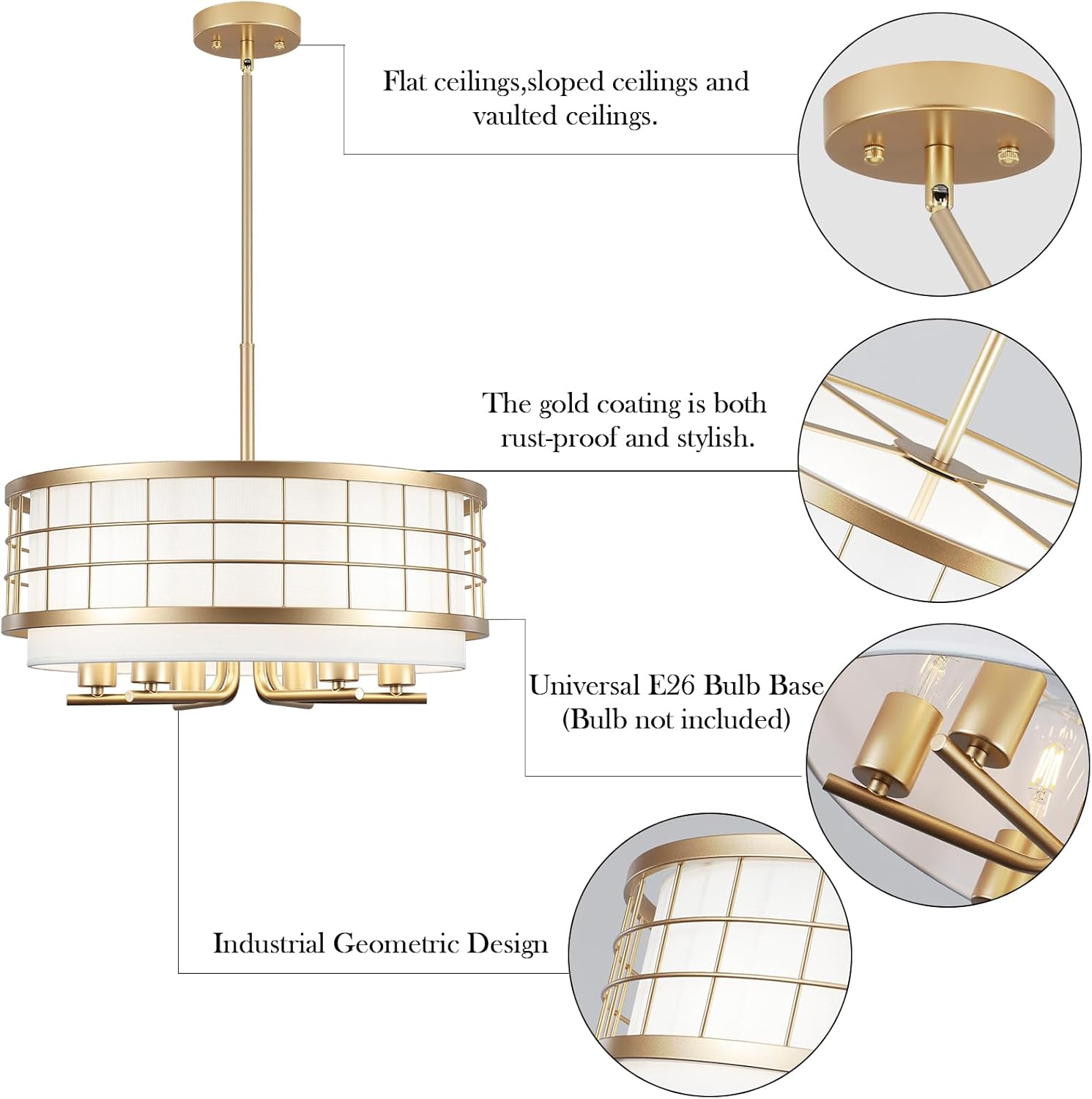 Gold Round 20" Drum Chandelier with White Fabric Shade, 6-Light Modern Farmhouse Large Pendant Light Fixture for Dining Room, Kitchen Island, Foyer Entryway, Bedroom