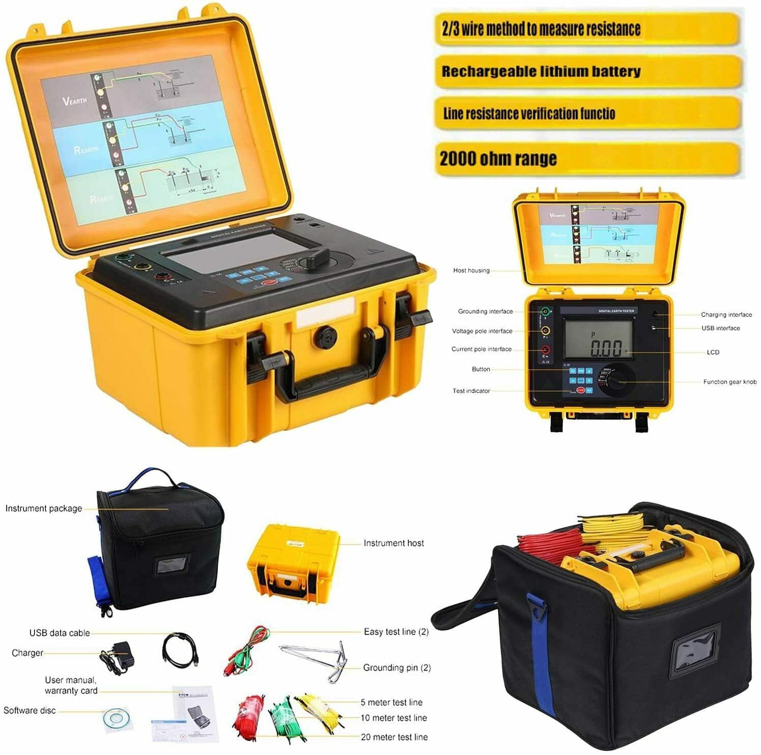 Earth Resistance Tester Meters Digital Ground Resistance Meter Two Three Wire with Data Storage Data Hold Data Access for Telecommunication Meteorology Oil Field Construction