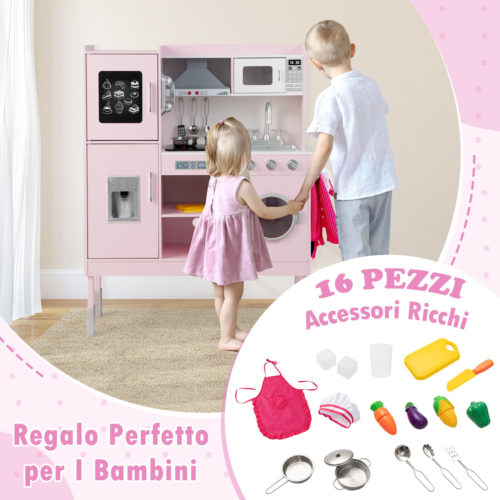 RELAX4LIFE Cucina Giocattolo in Legno per Bambini, Mini Cucina con Luci e Suoni Reali, Altezza Regolabile 97/101/103cm, Set di Cucina per Bambini 3-8 Anni (Lussuosa)