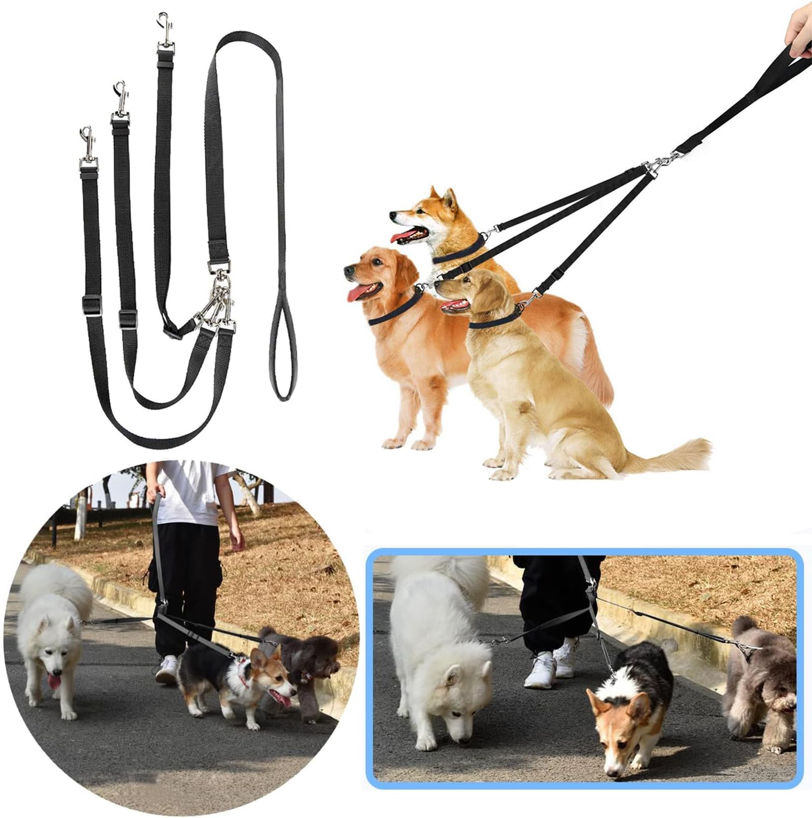 Guinzaglio Triplo Per Cani - 3 In 1 Per Passeggiate Multiple, Materiale Nylon Resistente, Per Taglie Medie/Piccole - Foto 5