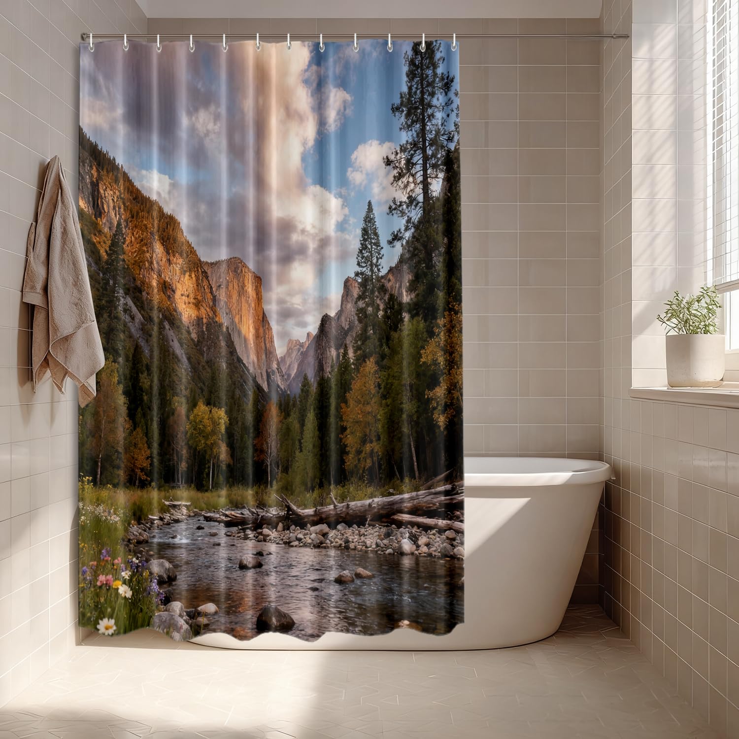 Batmerry Cortina de ducha con diseño de paisaje salvaje verde savia, hermosa decoración de baño de fibra de poliéster, anillos de plástico de secado rápido, impermeable, para bañeras/baño, 72 x 36