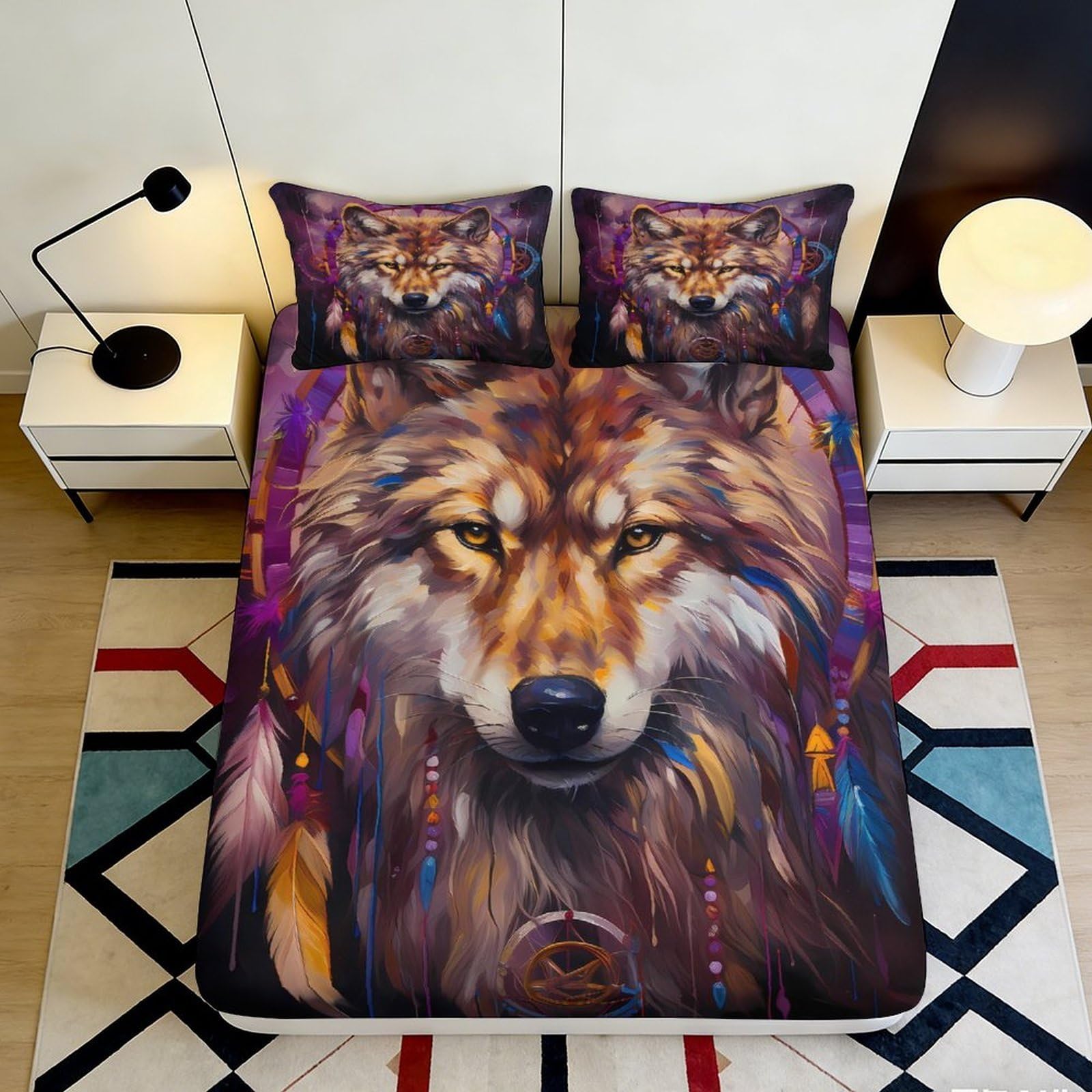 3D Printed Wolf Dreamcatcher Fitted Sheet Microfiber Soft Mattress Cover Anti-Slip Bed Decor for Bedroom Guest Room 180x200x25cm