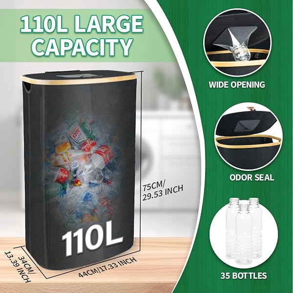 MOWETOO 110L Pfandflaschen Sammelbehälter mit Deckel & 2 abnehmbaren Tragetaschen, Groß Pfandflaschen Aufbewahrung, Behälter Leergut & Altglas Aufbewahrung, Küche Abstellraum Flaschentasche - 2