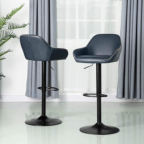 Miniatura 122 de Glitzhome Mid Century - Juego de 2 taburetes de bar ajustables de cuero giratorio vintage con respaldo y reposapiés, taburetes de bar modernos de