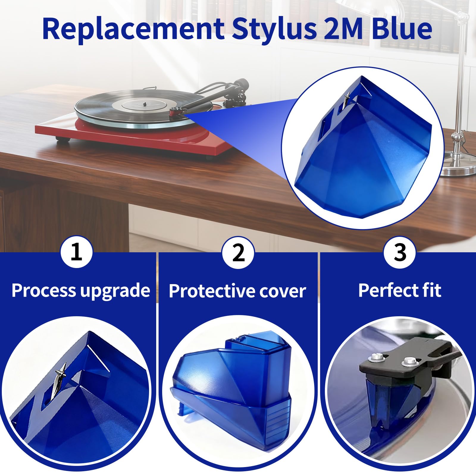 Stilo di ricambio blu da 2 m, compatibile con Ortofon, punta ellittica a diamante nudo, qualità del suono ripristinata, aghi di ricambio per giradischi da 2 m blu e 2 m cartuccia rossa