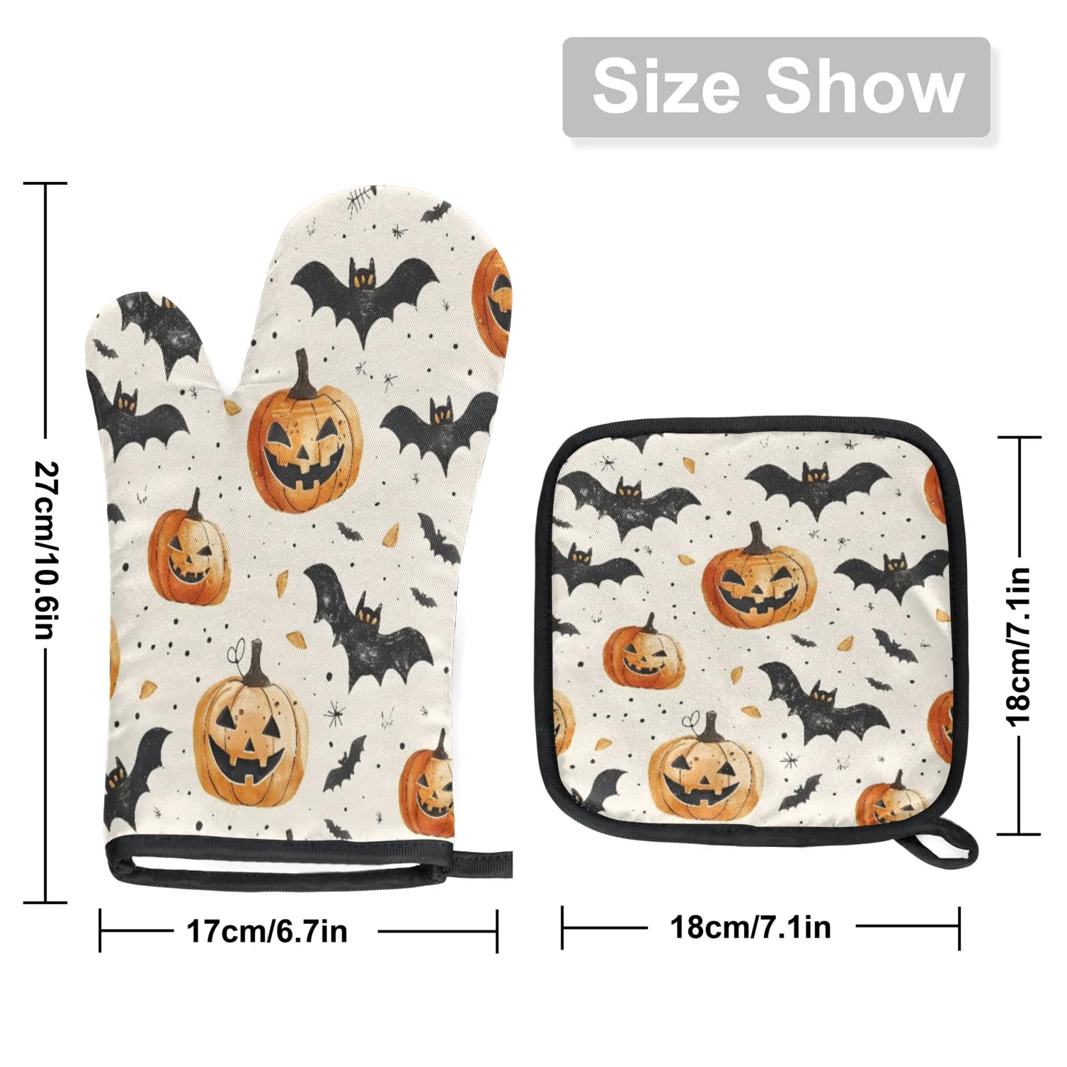 Pumpkin Lights Bat Point Leaf Oven Mitts Kitchen Oven Gloves for Cooking Baking Heat Proof Lining Cotton Kitchen Potholder Mittens Pot Holders Hot Pads for Chef Women Men