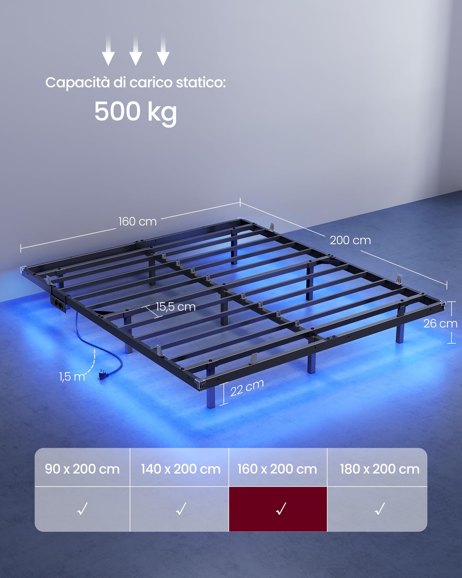 VASAGLE Struttura Letto 160 x 200 cm con LED, Effetto Fluttuante, Multipresa Rimovibile, 2 Prese AC, 1 Porta USB-C, 1 Porta USB-A, 1 Porta USB-A sul Retro, Portata 500 kg, Nero Inchiostro RMB175B101