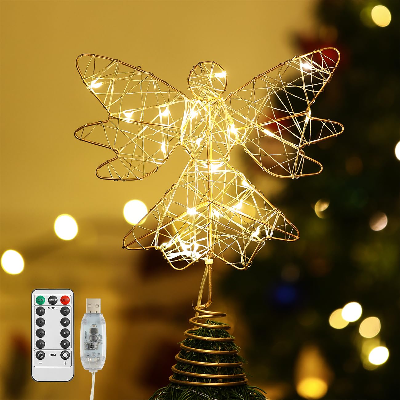 Lewondr Christbaumspitze Engel, 9,8 Zoll Glitzernd Weihnachtsdeko LED Weihnachten Baumspitze mit Timer, USB-betrieben Fernbedienung Tannenbaum Spitze für Weihnachtsbaum Weihnachten Party Innen, Gold